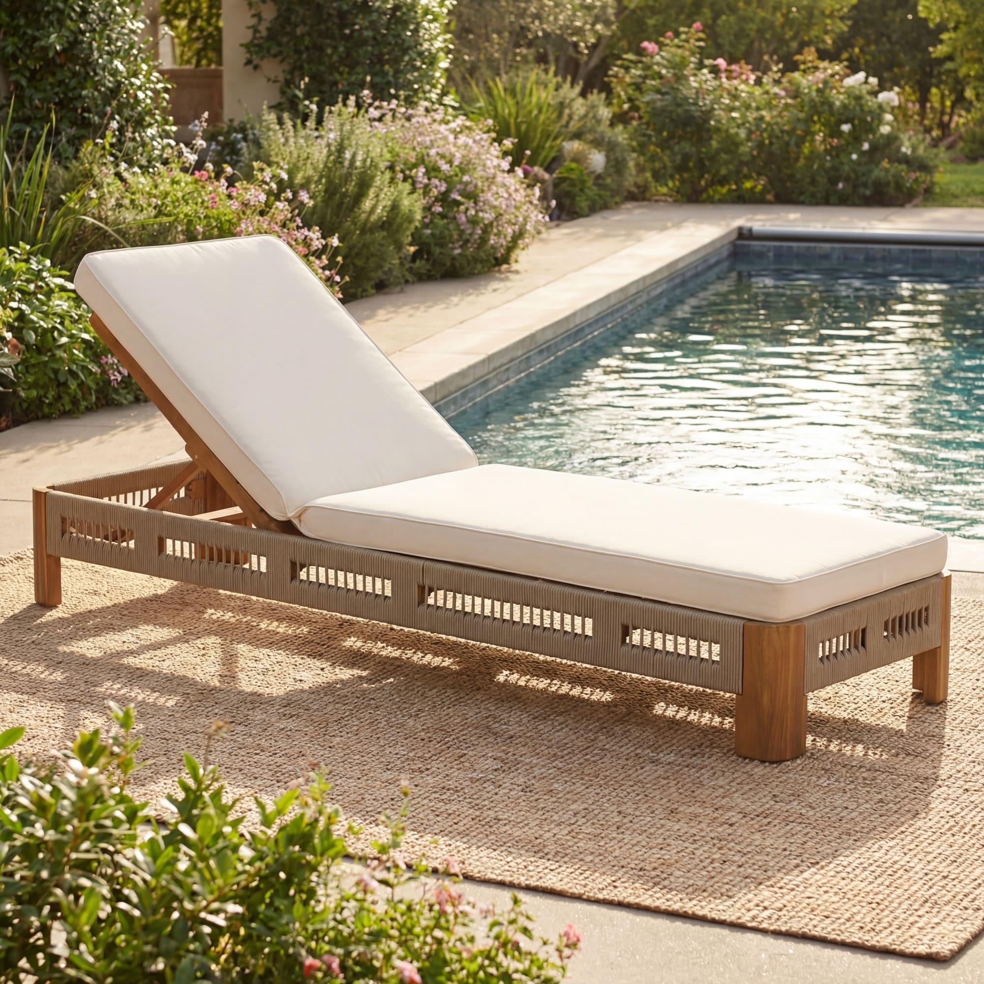 Roomfitters Acacia Wood Outdoor Chaise Lounge Waterproof Cushion Adjustable Patio Recliner Handwoven Rope Accents