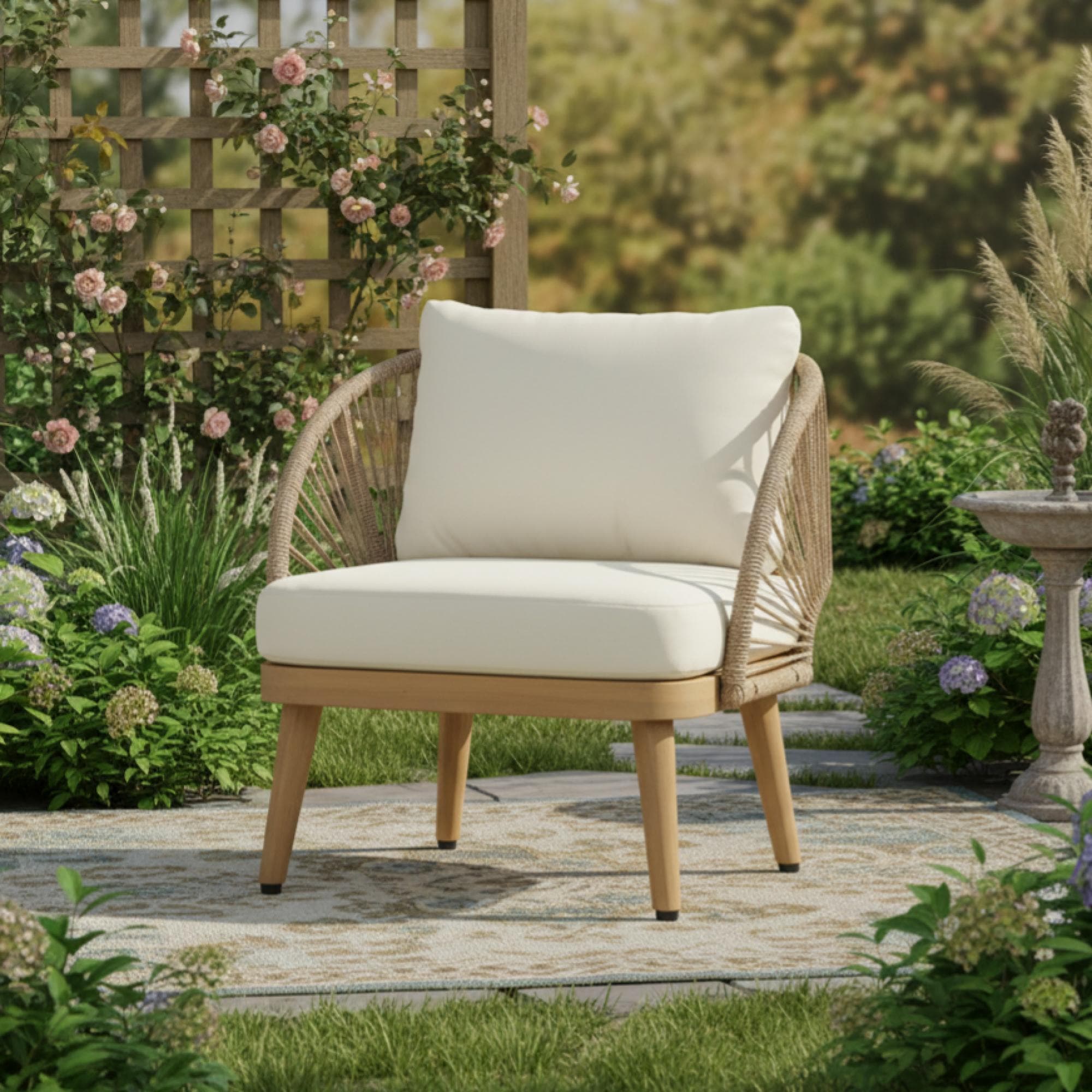 Roomfitters Acacia Wood Outdoor Club Chair Curved Tub Patio Armchair Handwoven Rope Accents Teak Finished Seating