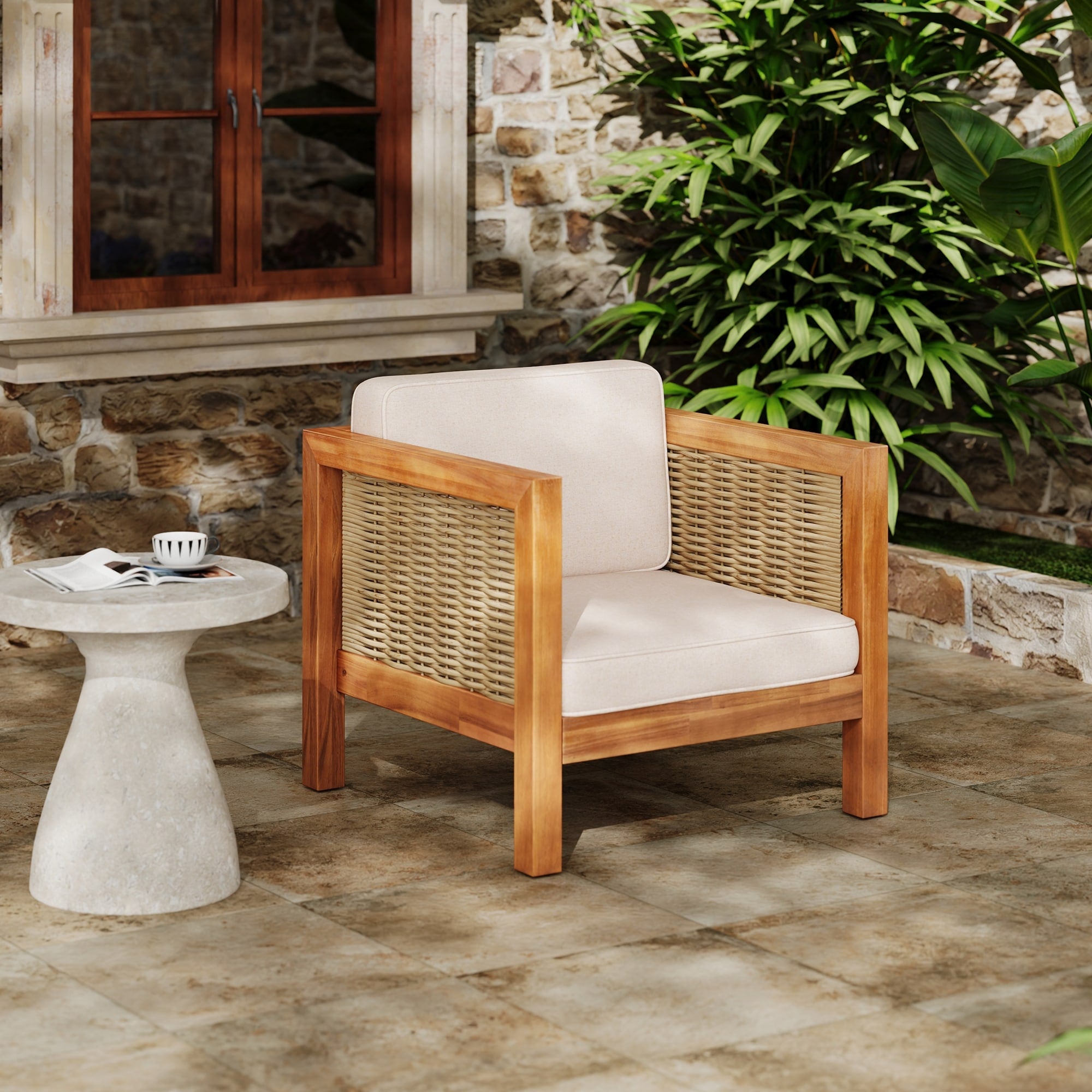 Roomfitters Acacia Wood Outdoor Club Chair Modern Patio Accent Chair With Woven Rope Sides And Upholstered Cushions