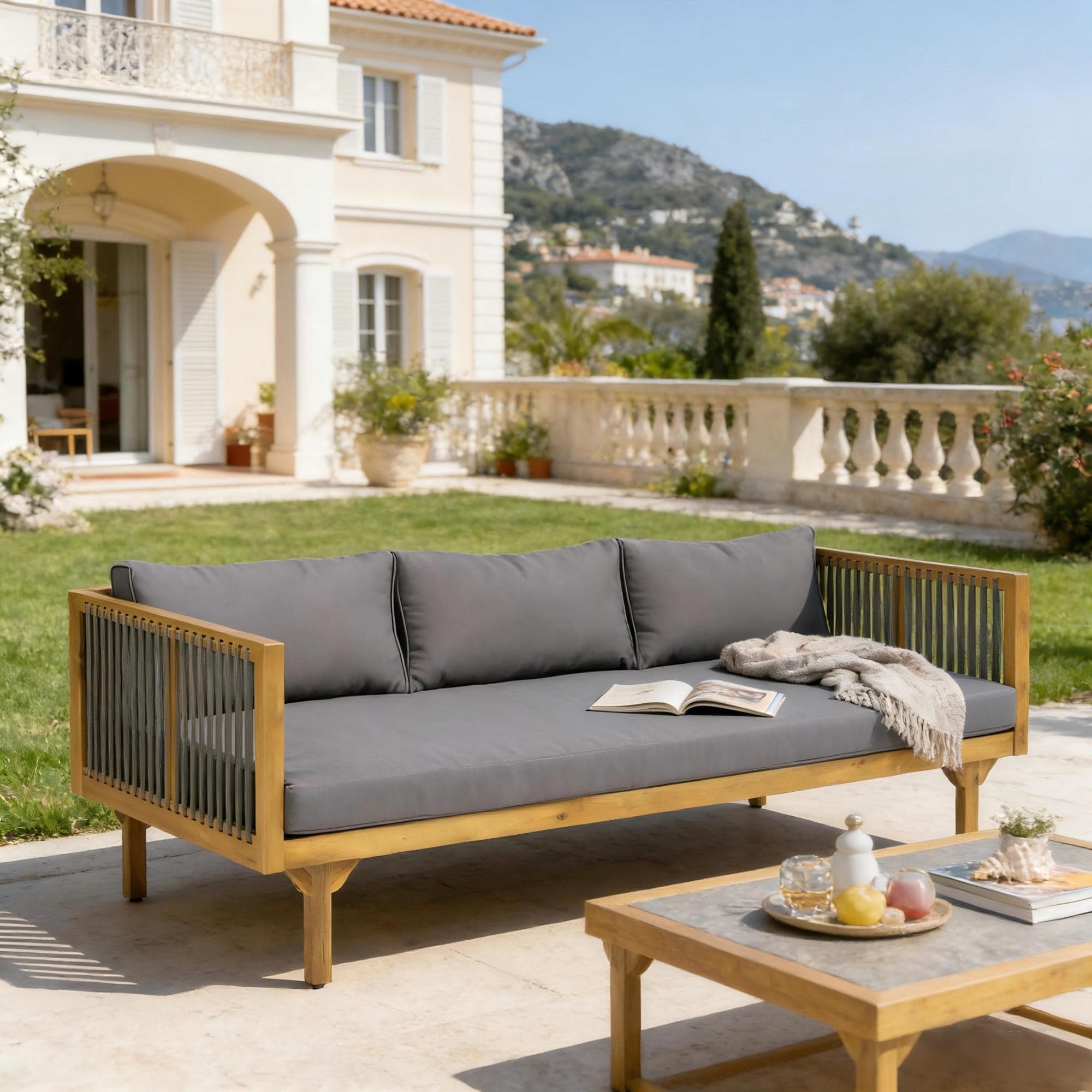 Roomfitters Acacia Wood Outdoor Patio Sofa Gray Rope And Water Repellent Cushions 600Lbs Capacity Daybed