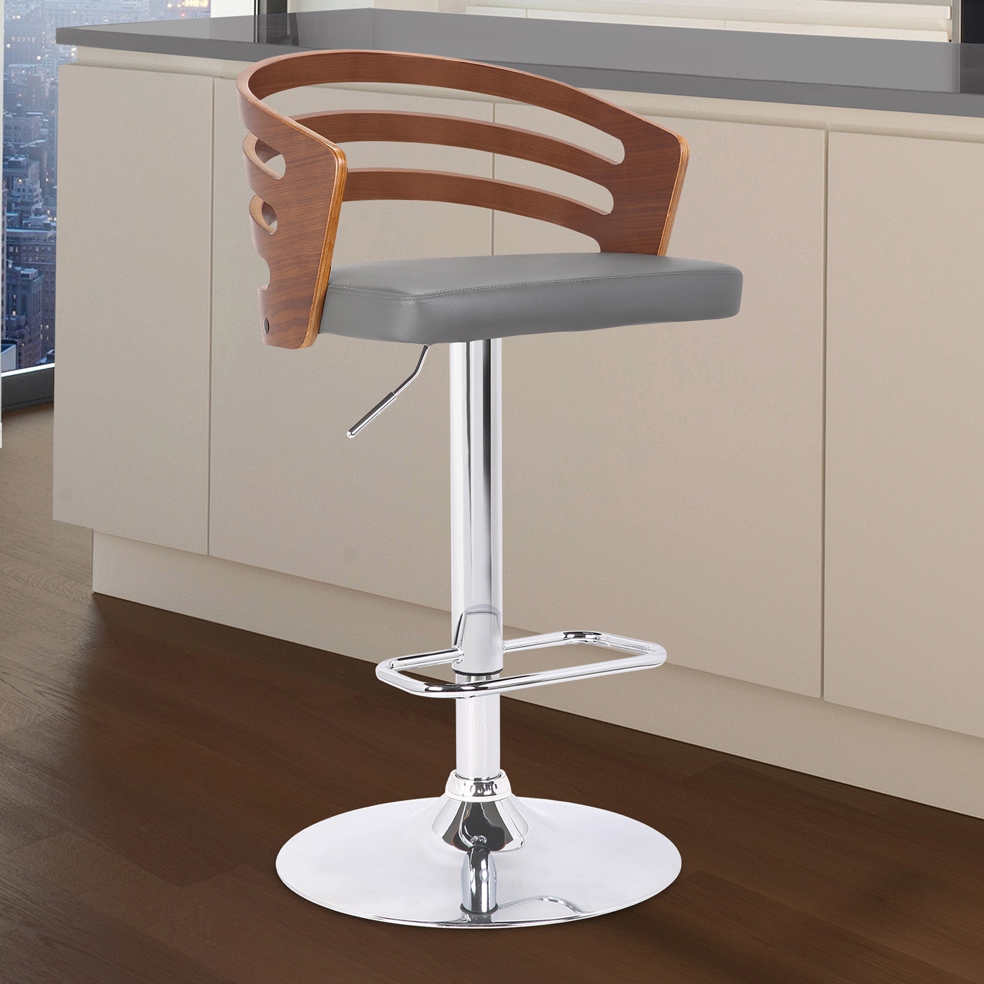 Roomfitters Adele Adjustable Swivel Walnut Wood Bar Stool Gray Faux Leather Pub Chair Slotted Back Chrome Pedestal Base