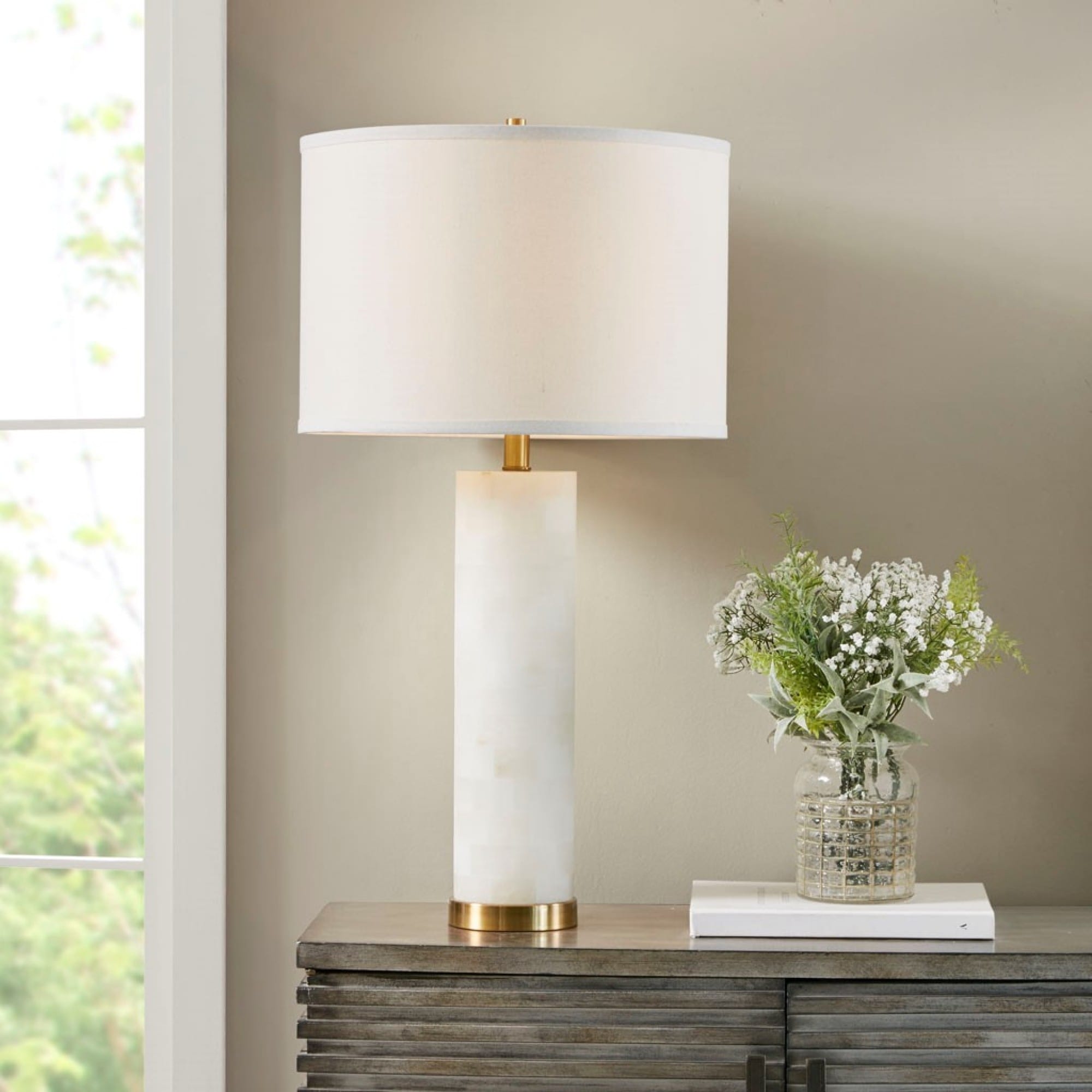 Roomfitters Alabaster Table Lamp Luxury White And Gold Metal Bedside Light With Linen Drum Shade