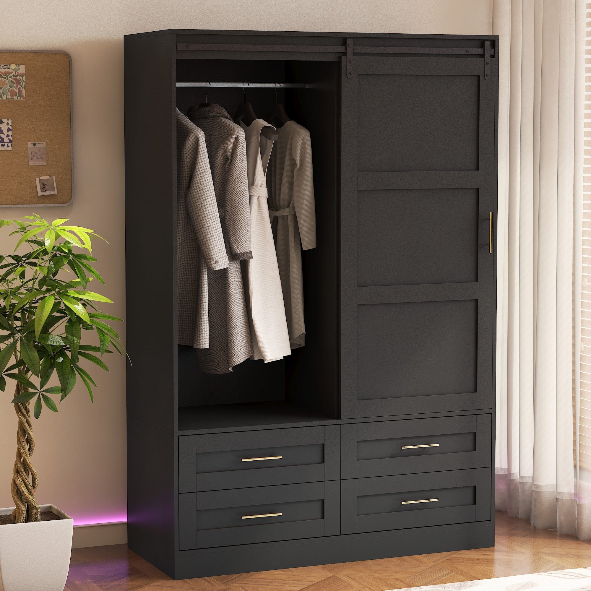 Roomfitters Armoire Wardrobe Closet Clothing Storage Cabinet Modern Bedroom Organizer With Hanging Rod Shelves Black