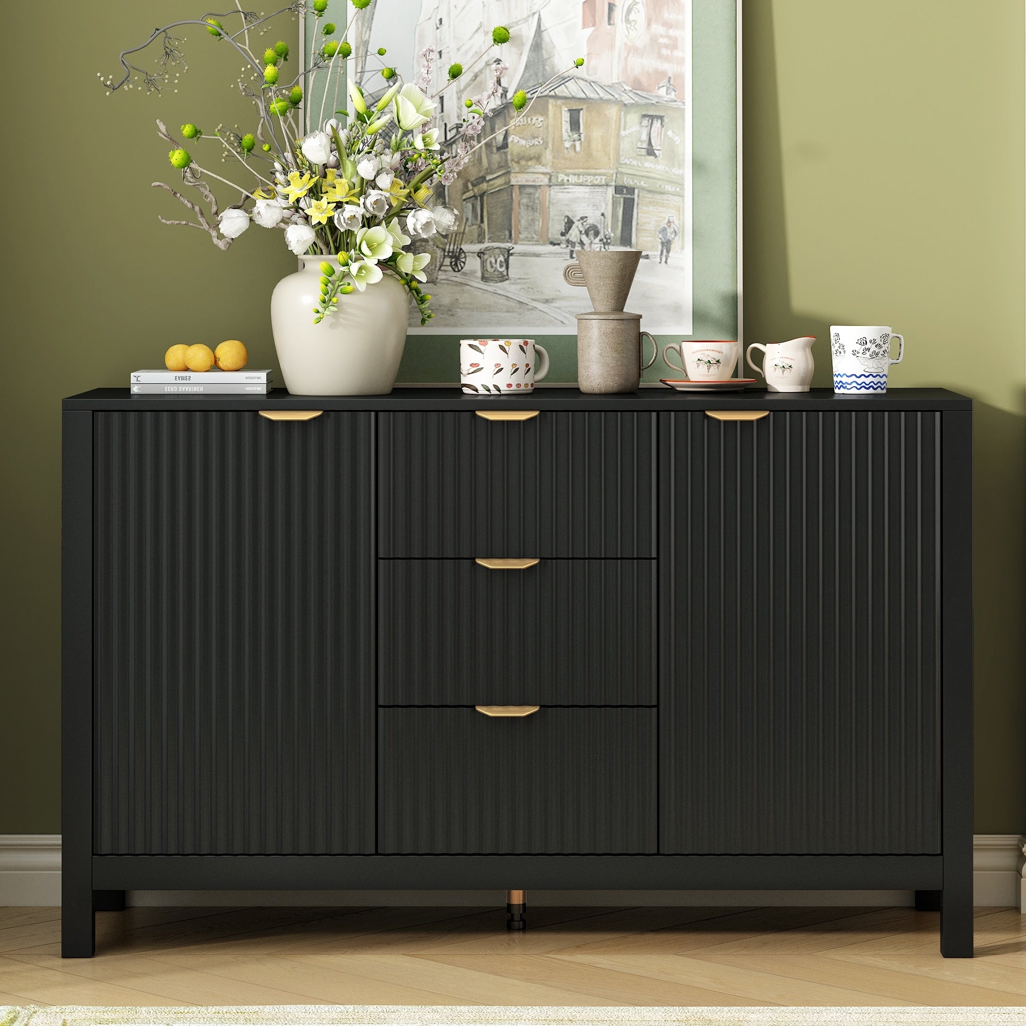 Roomfitters Artistic Wave Design Sideboard Matte Black 3 Drawer Credenza Soft Close Storage Console Aluminum Handles