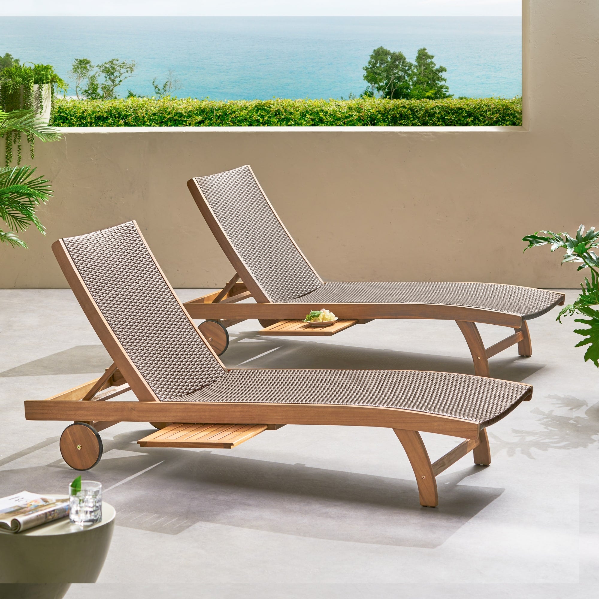 Roomfitters Banzai Acacia Wood Chaise Lounge With Pull Out Tray Set Of 2 Woven Wicker Recliner Poolside Seating