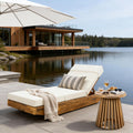Roomfitters Beige Acacia Wood Outdoor Chaise Lounge Integrated Headrest Cushion Teak Finish Reclining Sun Lounger