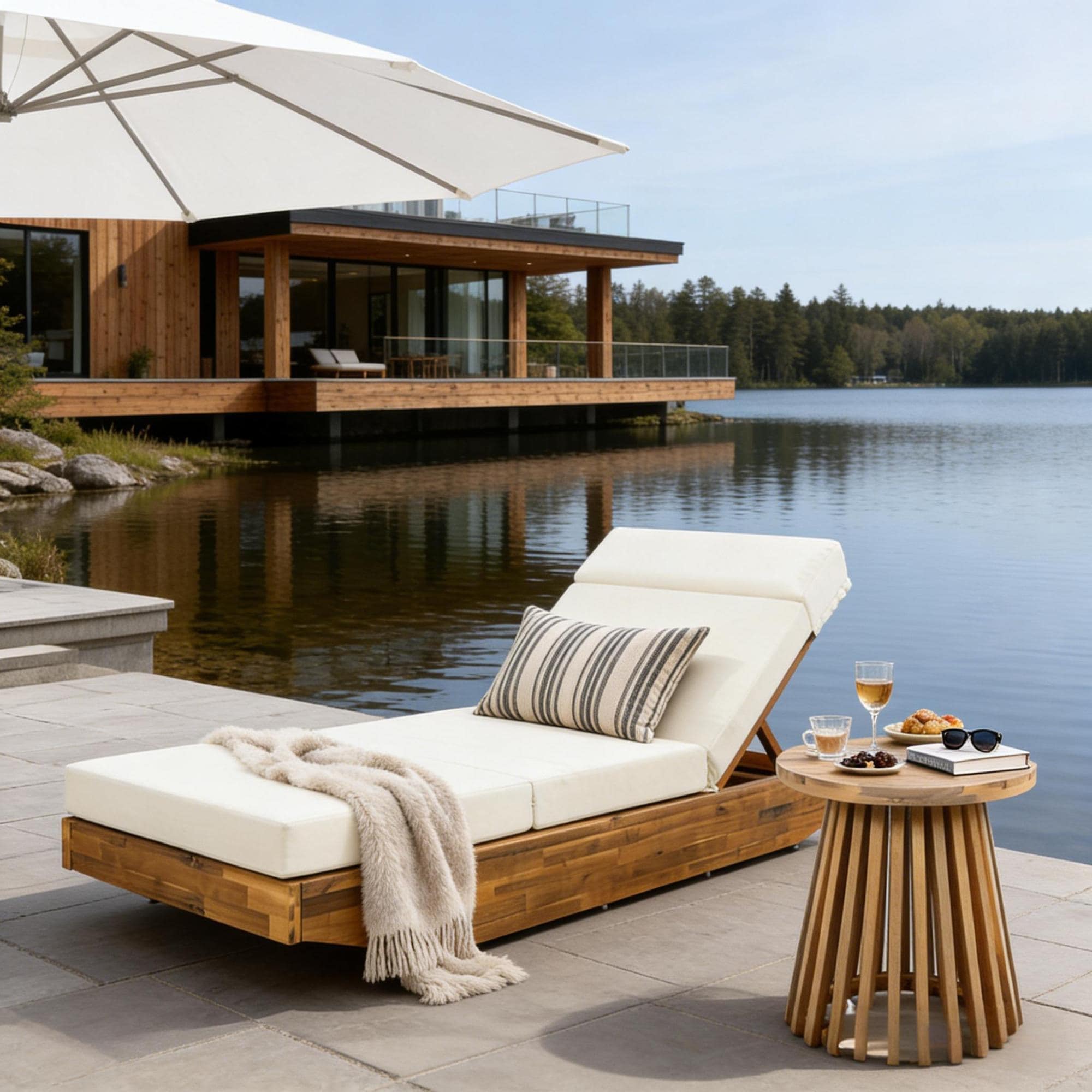 Roomfitters Beige Acacia Wood Outdoor Chaise Lounge Integrated Headrest Cushion Teak Finish Reclining Sun Lounger