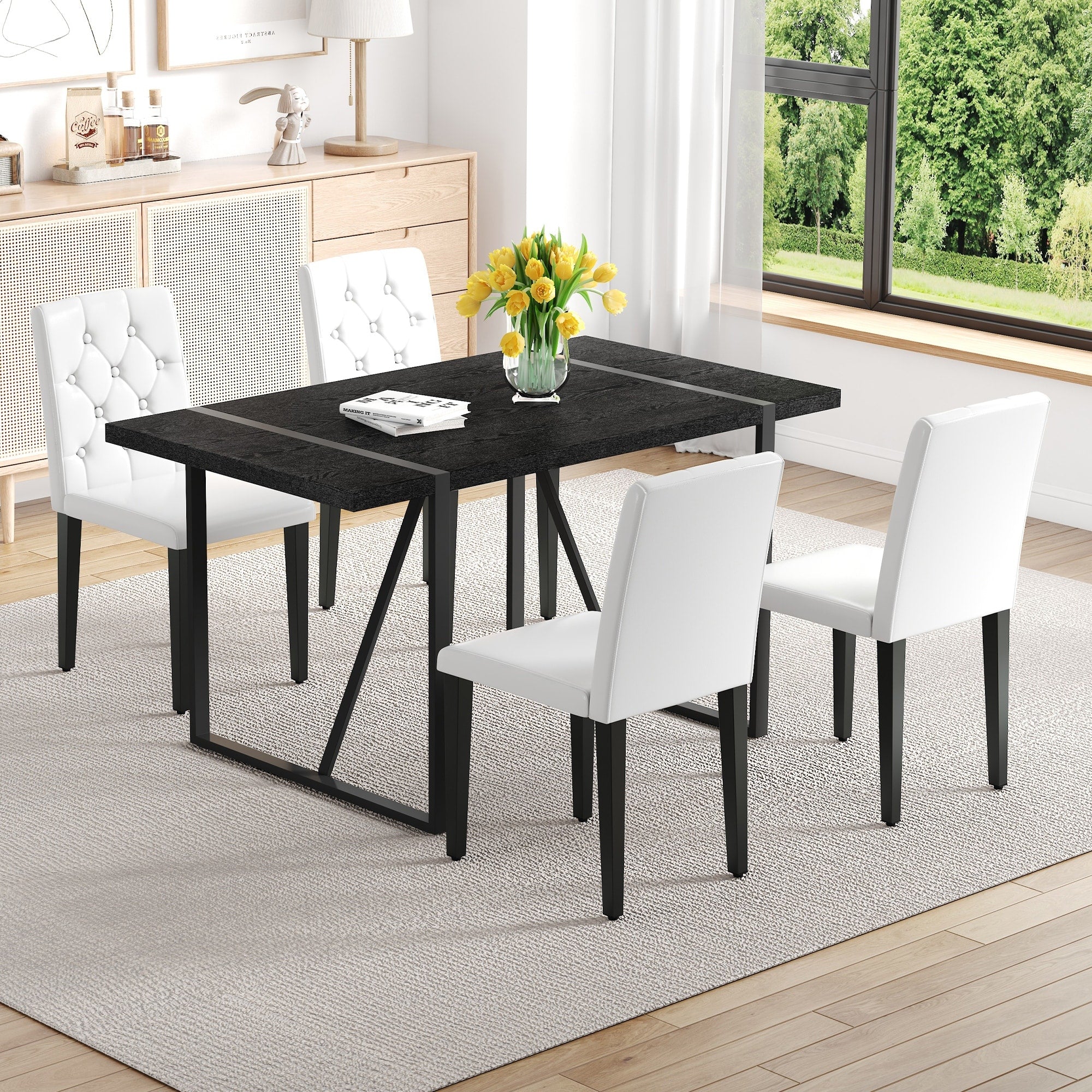 Roomfitters Black Faux Wood Grain Mdf Dining Table Set 4 White Pu Chairs Rectangular Metal Frame Fashion Seating For 4