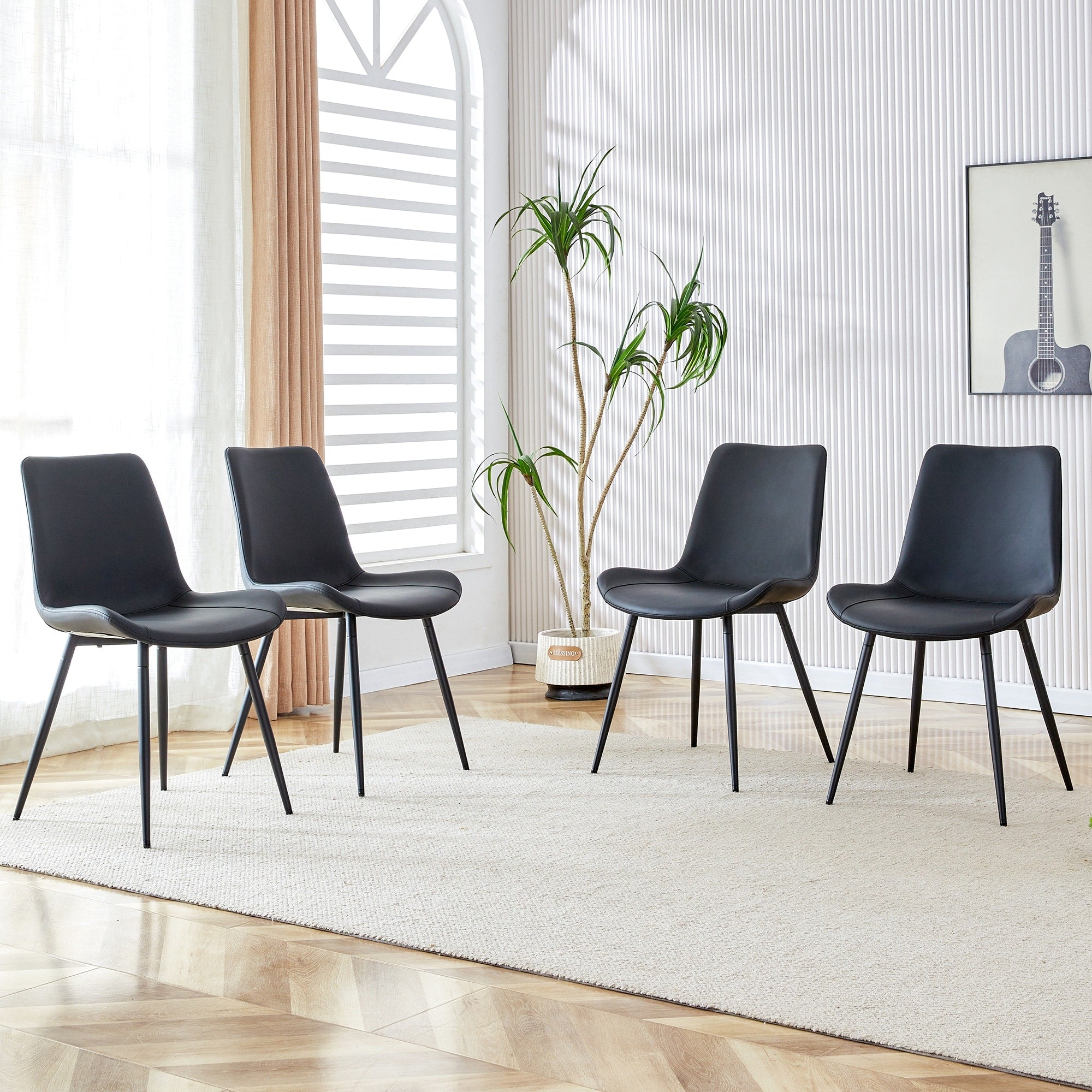 Roomfitters Black Leather Dining Chairs Curved Widened Cushions Upholstered Seating With Black Metal Leg Set Of 4 Chairs