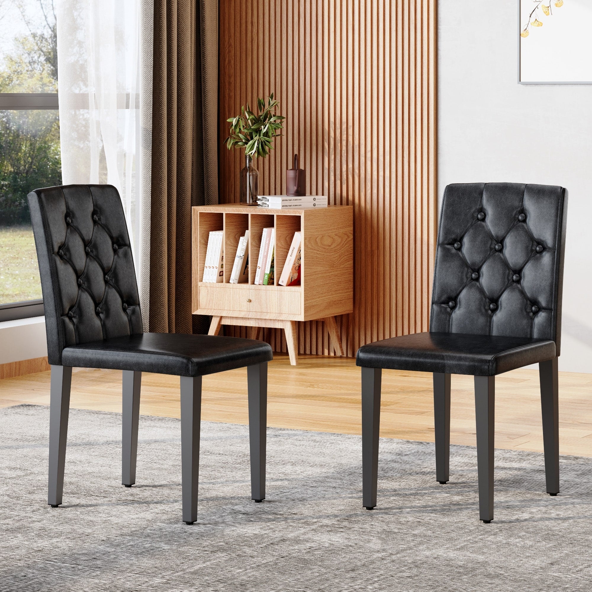 Roomfitters Black Pu Leather Dining Chairs Black Metal Legs Button Tufted Backrest Set Of 2 4 Ergonomic Side Chairs