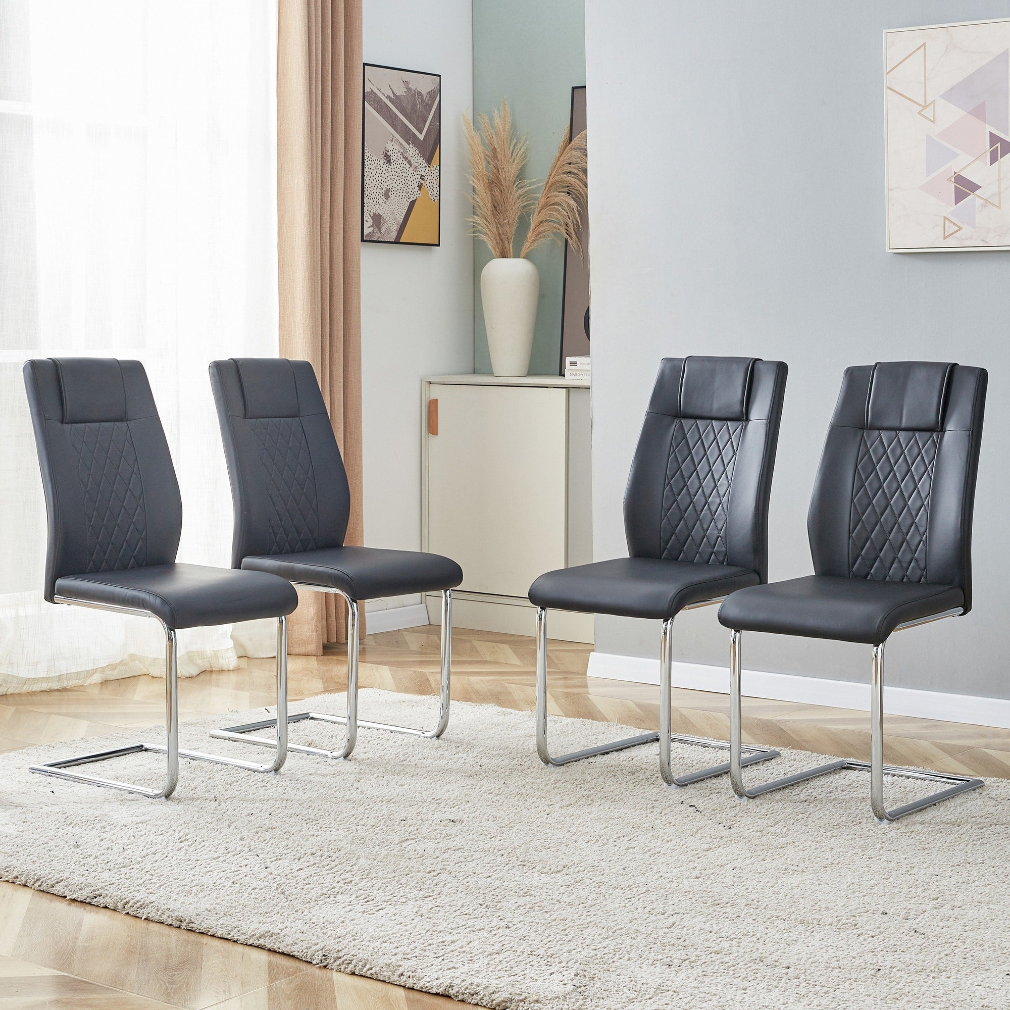 Roomfitters Black Pu Leather Dining Chairs Chrome Metal C Frame Diamond Stitched Upholstery Set Of 8 Side Chairs