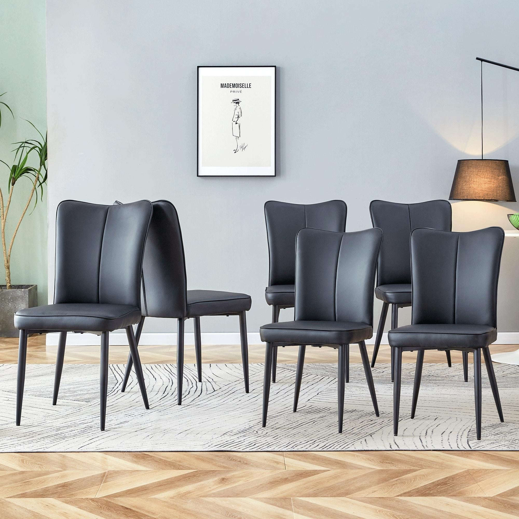 Roomfitters Black Pu Leather Dining Chairs Vertical Stripe Backrest Ergonomic Upholstered Seating Set Of 6 Side Chairs