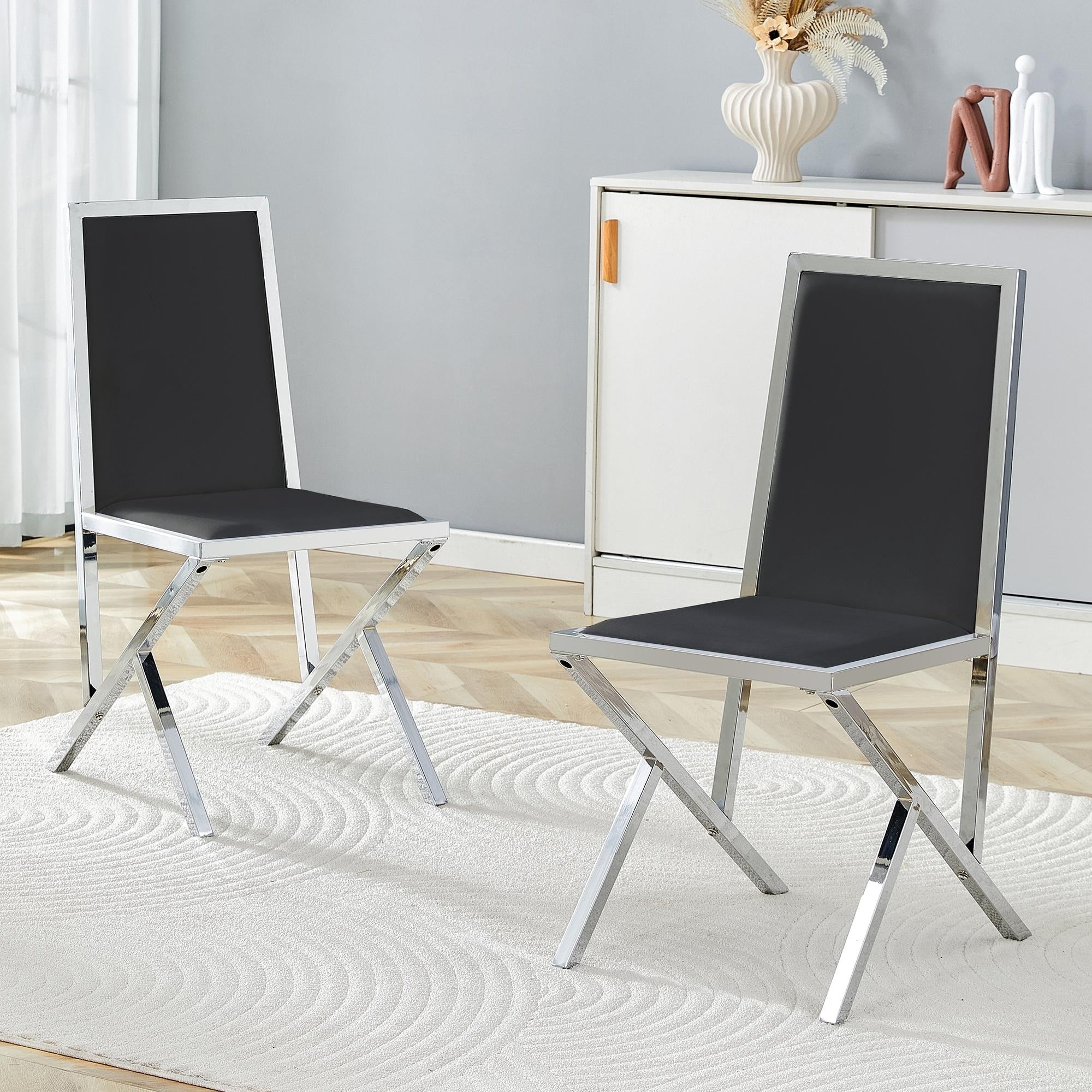 Roomfitters Black Pu Leather Dining Chairs X Frame Leg Luxury Ergonomic Upholstered Seating Set Of 2 Side Chairs