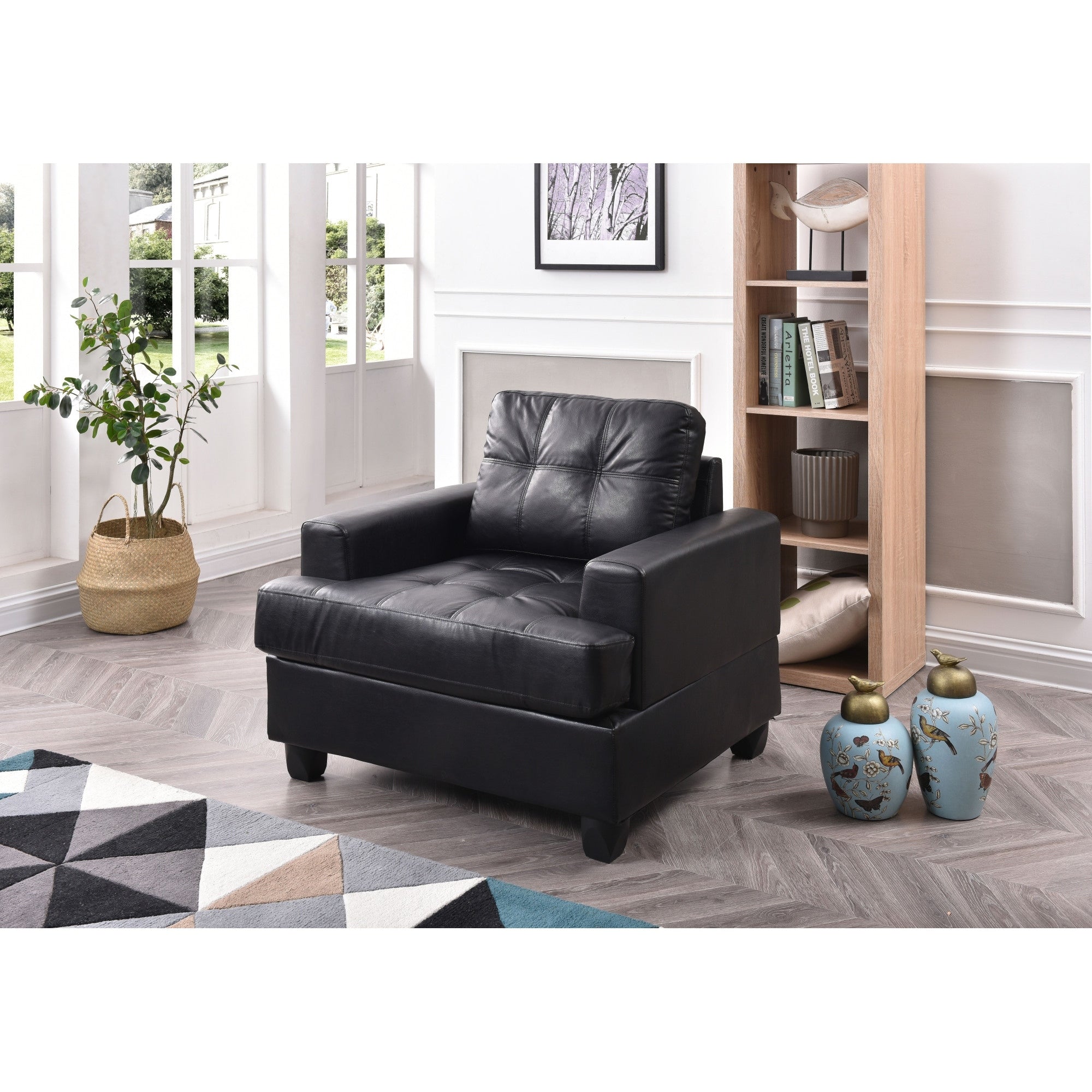 Roomfitters Black Saddle Arm Chair Tufted Pu Leather Club Seat Modern Padded Accent Armchair For Relaxation