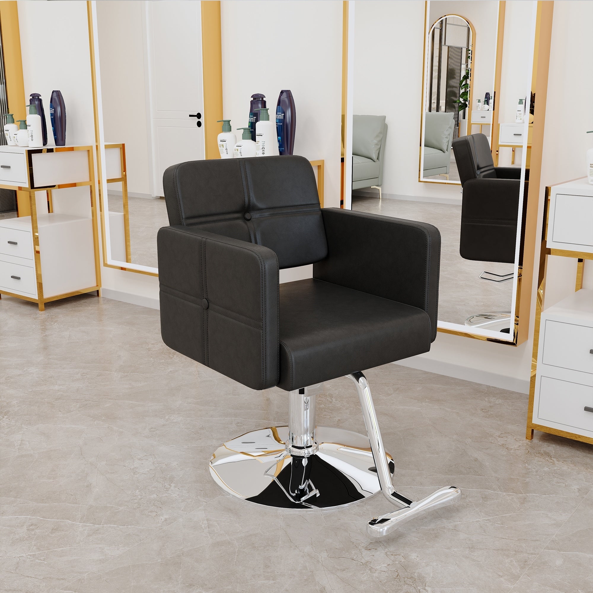 Roomfitters Black Salon Chair Silver Metal Support Leg Adjustable Rotatable Beauty Seating For Stylists And Studios