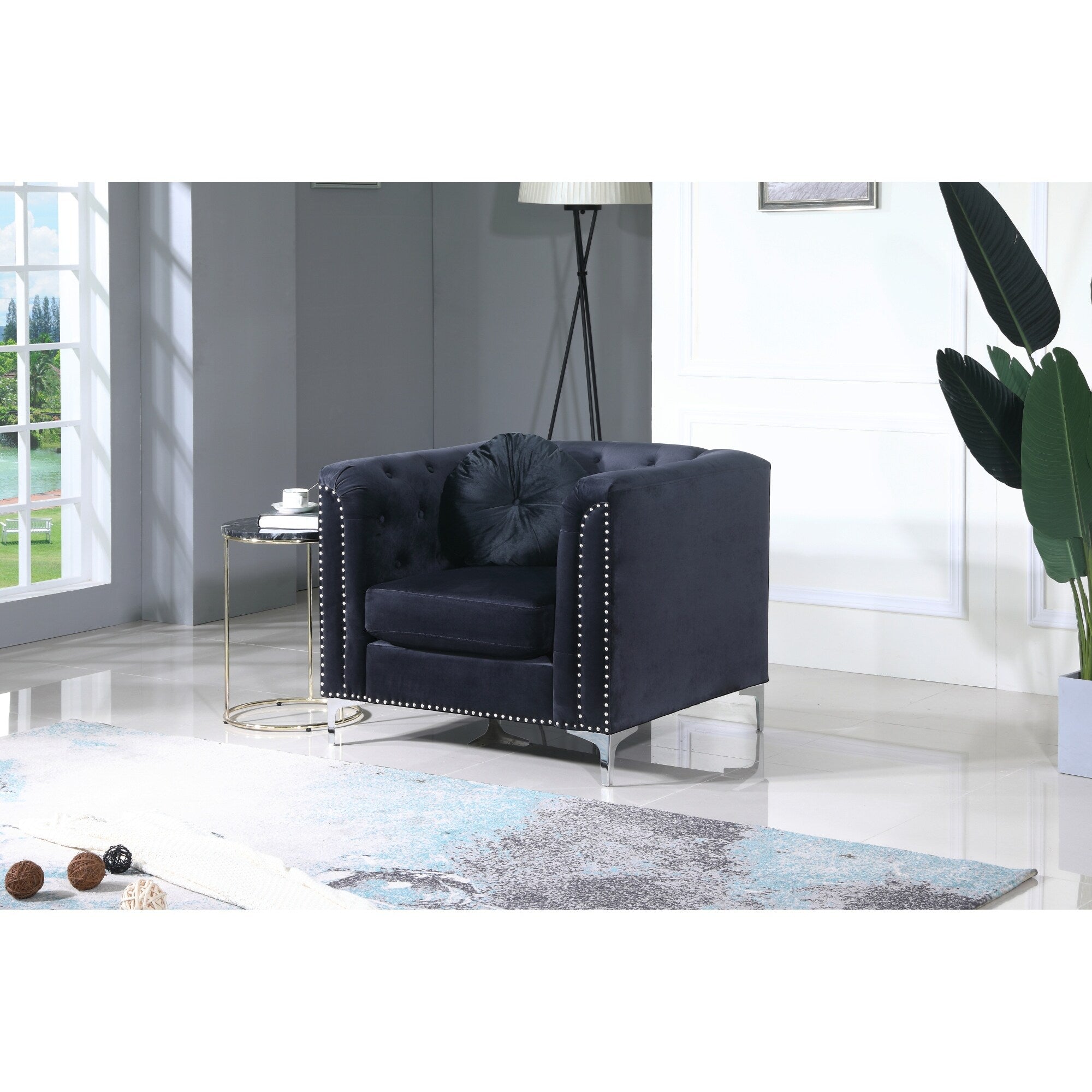 Roomfitters Black Velvet Club Chair Sloped Arms Button Tufted Accent Seat Modern Glam Silver Metal Legs
