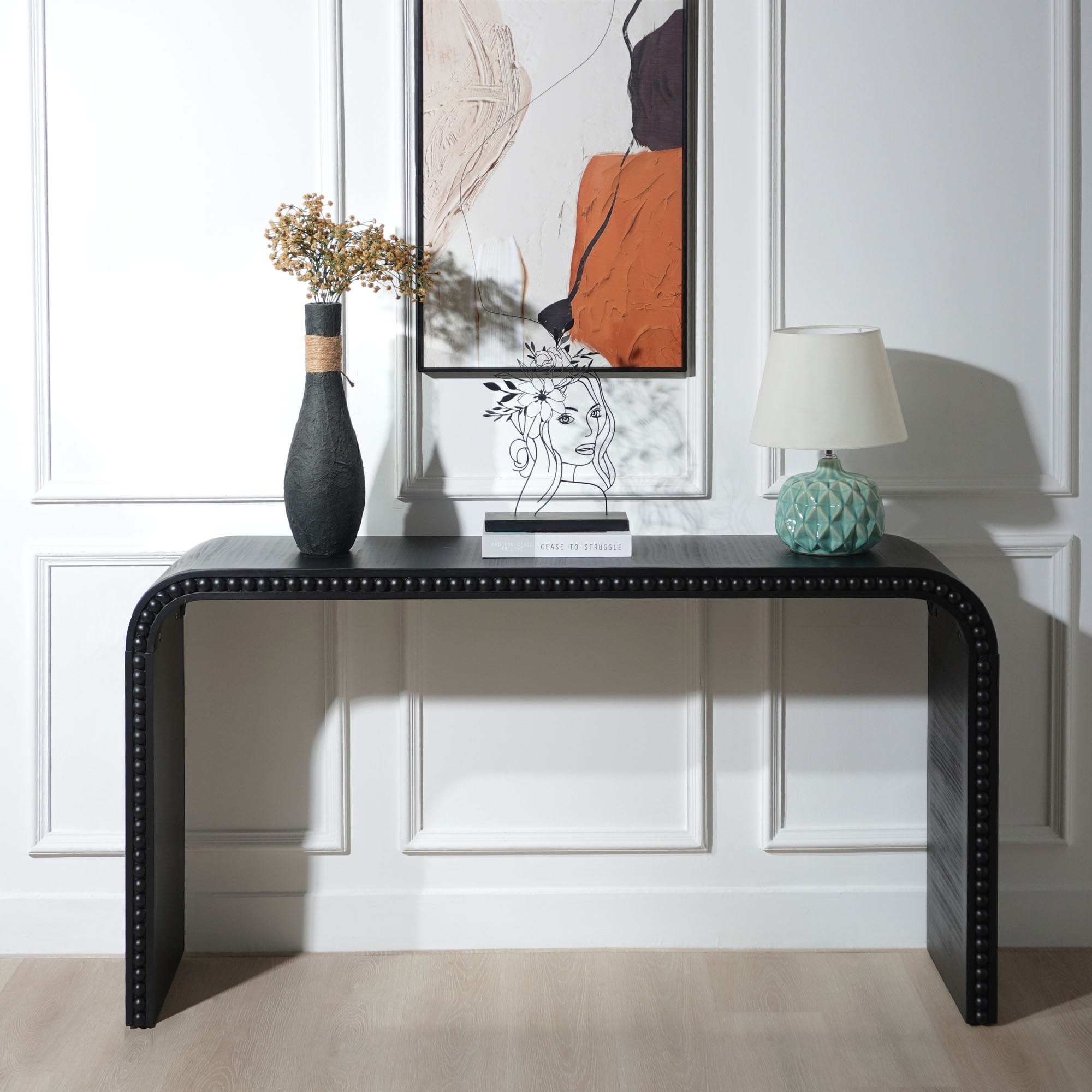 Roomfitters Black Wood Console Table 59In Curved Waterfall Entryway Table With Wood Bead Detail Black