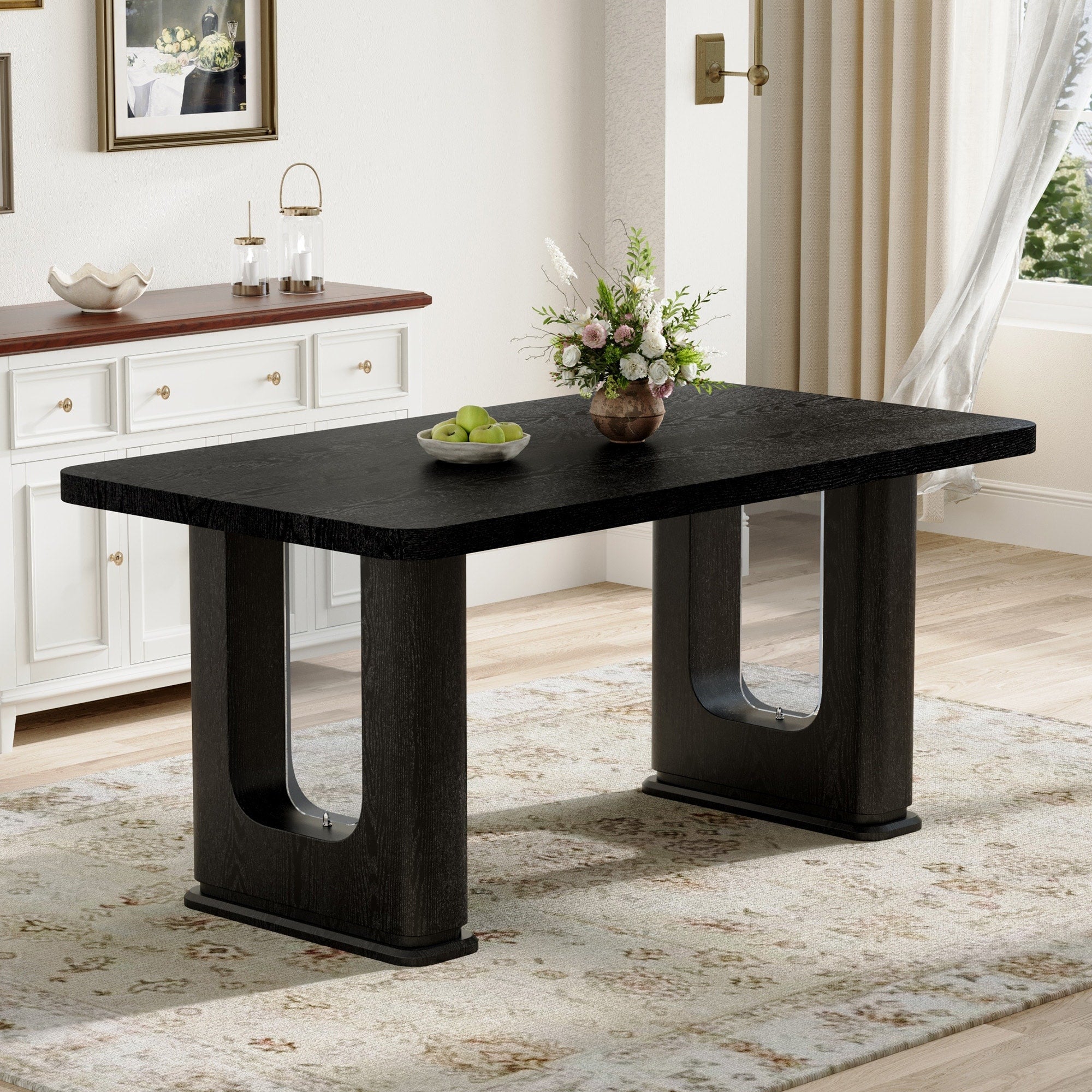 Roomfitters Black Wood Grain Mdf Rectangular Dining Table Gray Glass Accents Pedestal Negotiation Table Fashion Table