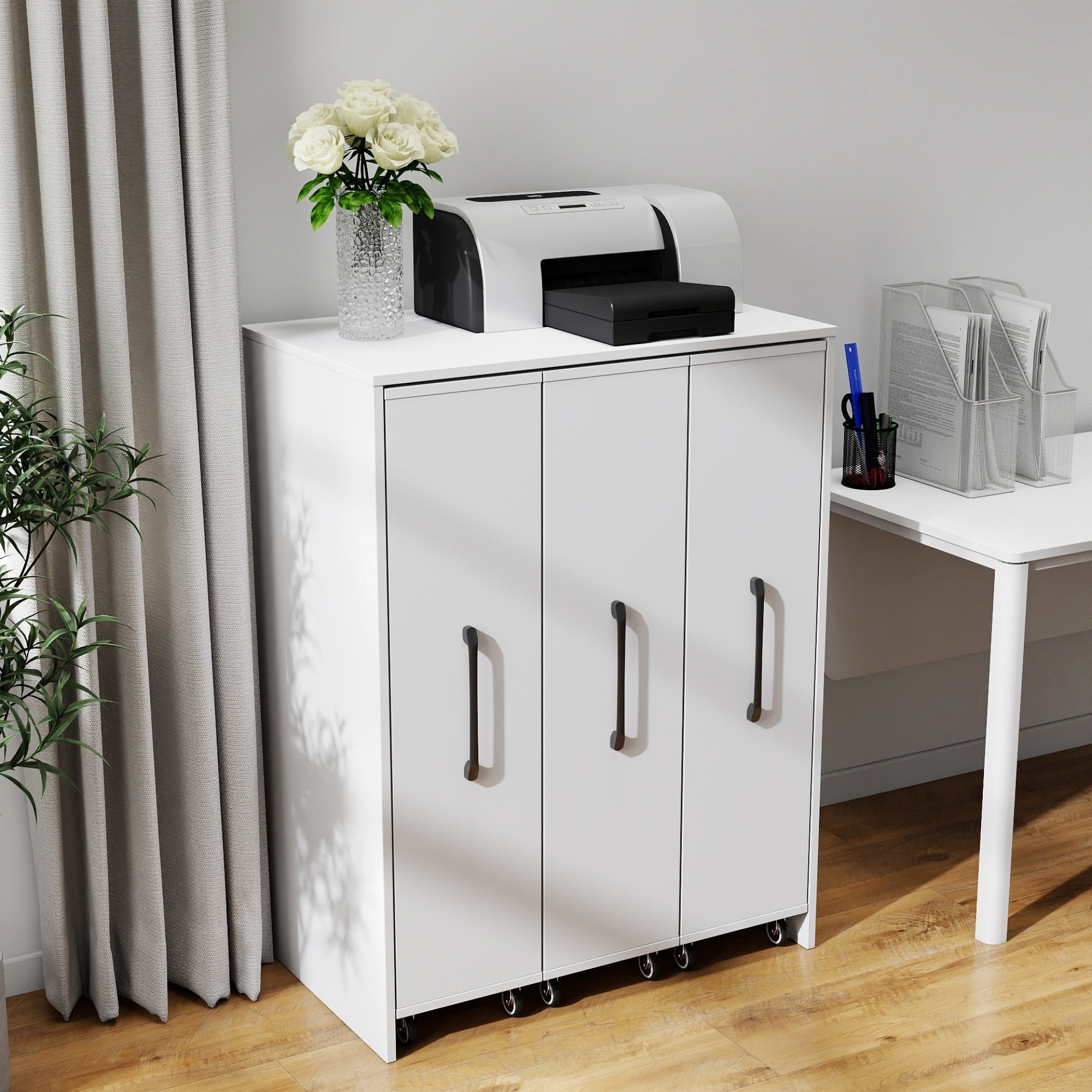 Roomfitters Bookcase With Three Pulled Out Doors Modern White Wooden Mobile File Cabinet Printer Stand Slim Organizer White
