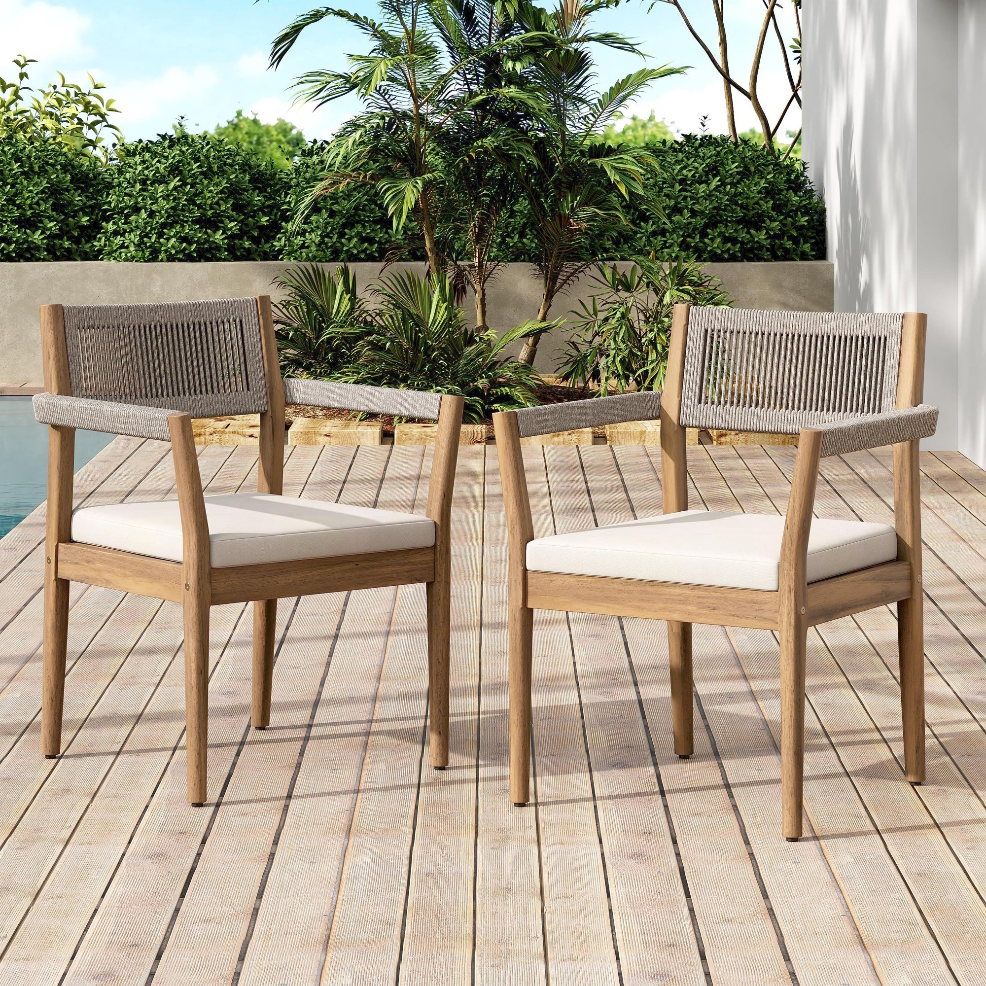 Roomfitters Braided Acacia Wood Outdoor Dining Chairs Teak Look Beige Rope And Cream Cushions Patio Seating