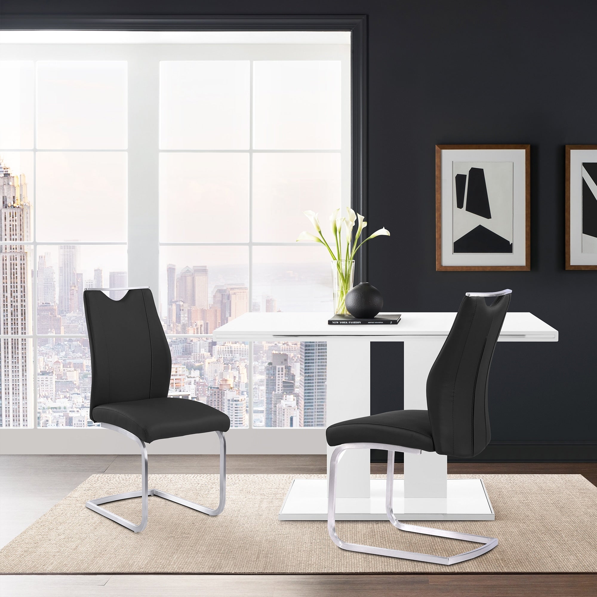 Roomfitters Bravo Contemporary Black Faux Leather Dining Chairs Set Of 2 Ergonomic High Cushioned Back Brushed Steel Base
