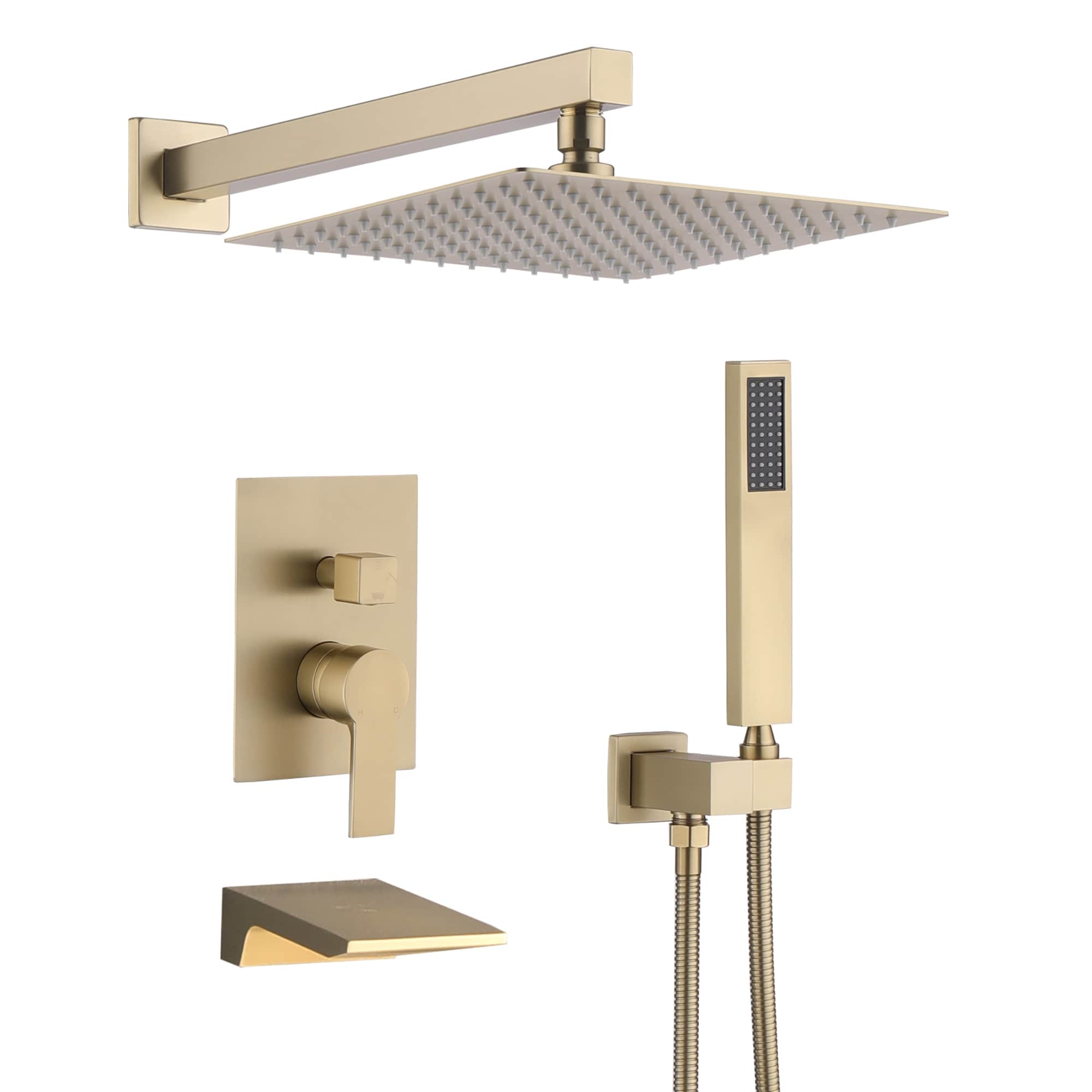 Roomfitters Brushed Gold Rainfall Shower System 3 Way Wall Mounted Shower Faucet With Handheld Spray And Waterfall Tub Spout