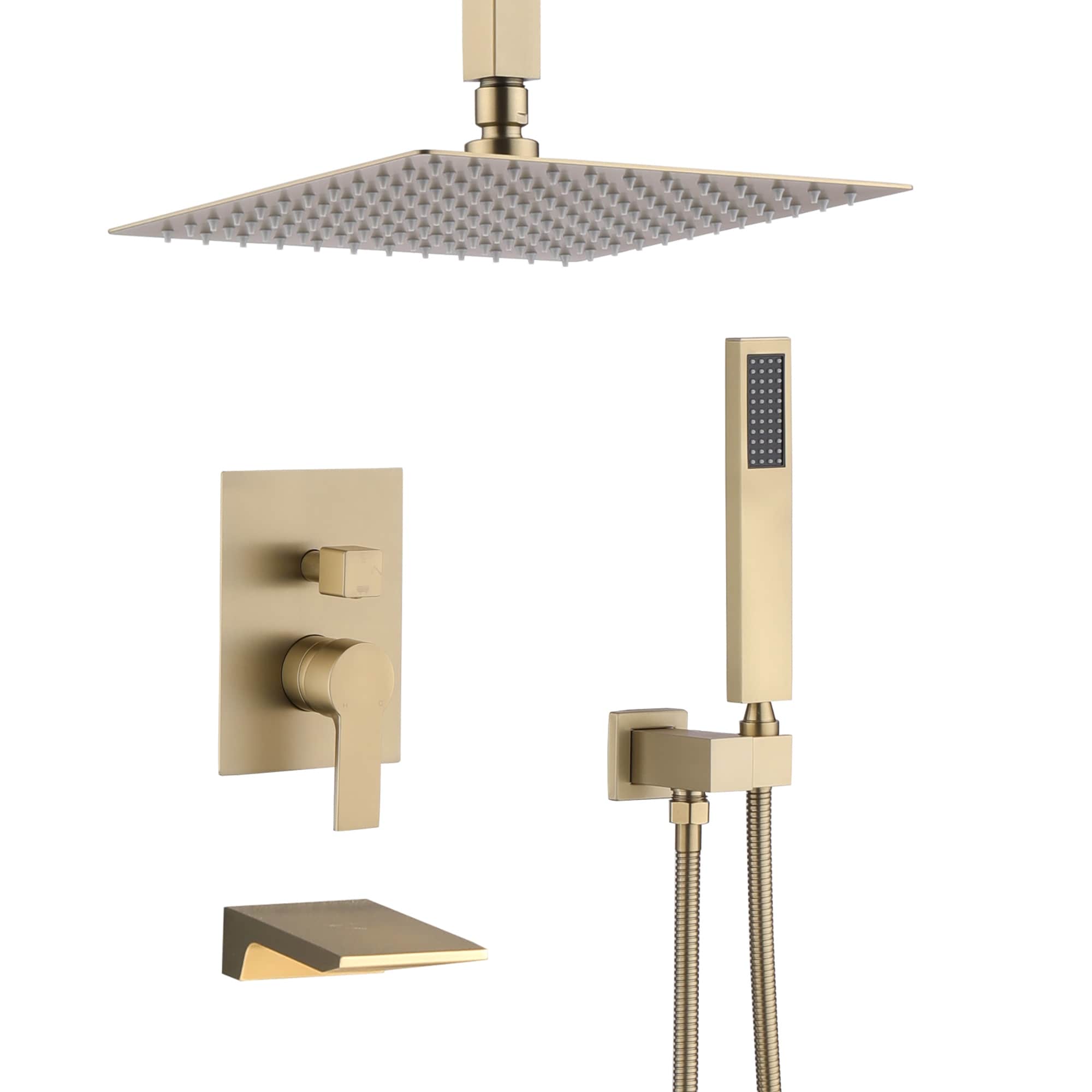 Roomfitters Brushed Gold Shower System Rain Shower Faucet Set With Handheld Spray And Waterfall Tub Spout Valve Included
