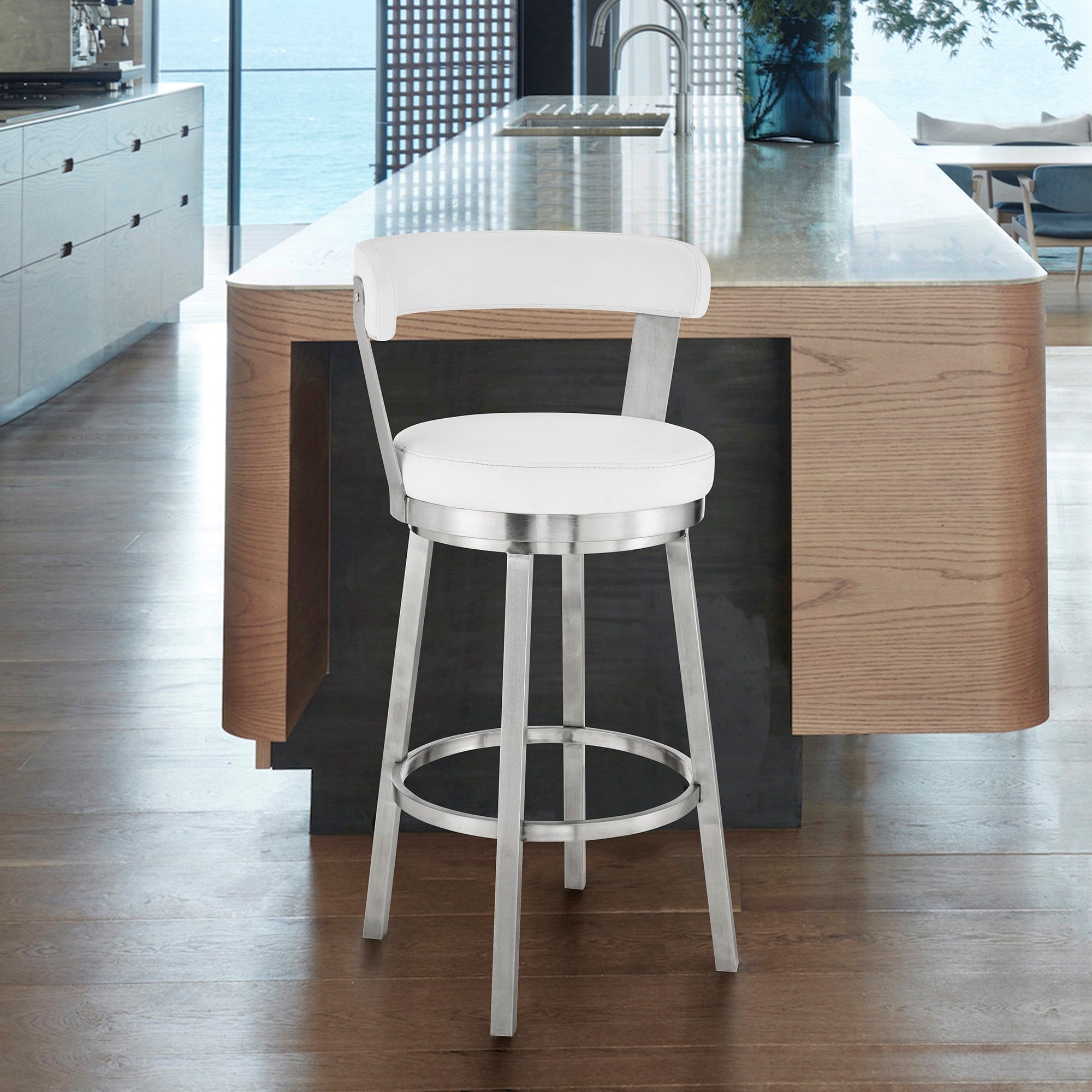 Roomfitters Bryant 30 Inch Swivel White Faux Leather Bar Stool Brushed Stainless Steel Pub Chair Padded Backrest