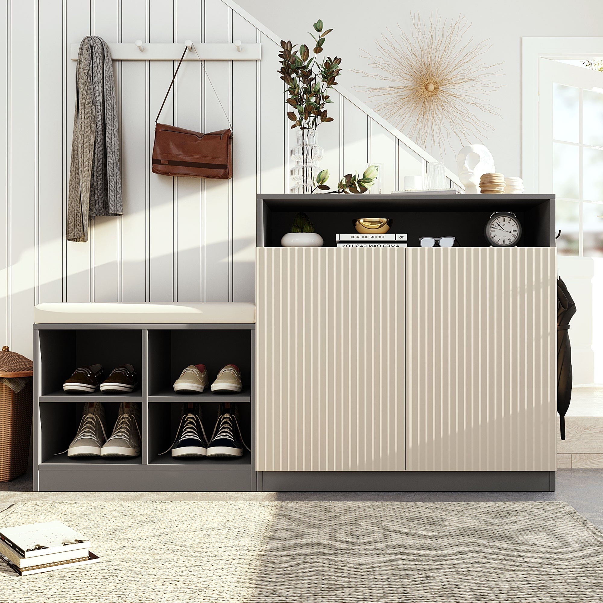 Roomfitters Cabinet With Shoe Bench Entryway Storage With 4 Open Racks And Removable Cushion Fluted Accent Organizer