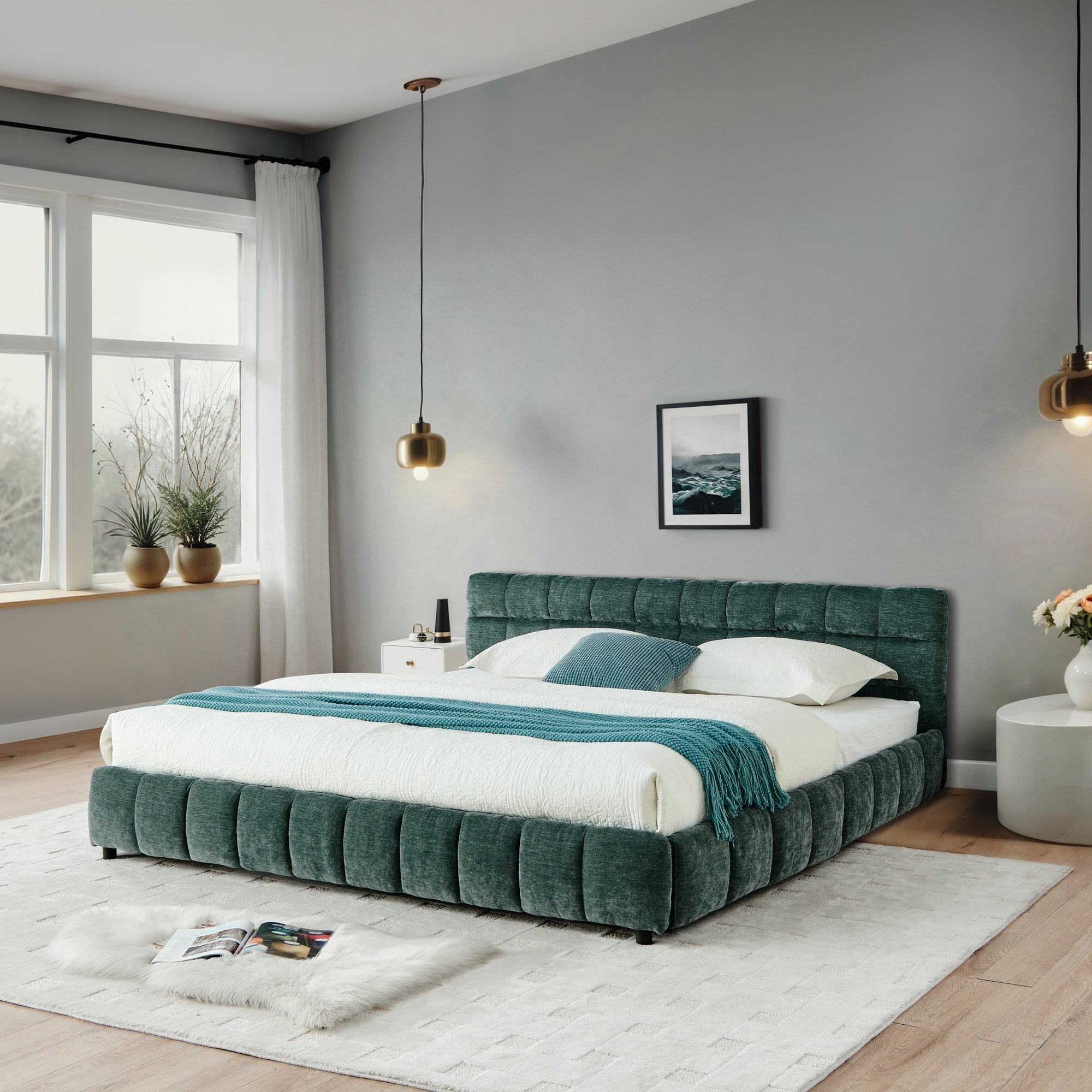 Roomfitters California King Size Upholstered Bed Frame With 4 Storage Drawers And Grid Tufted Platform Bed Base