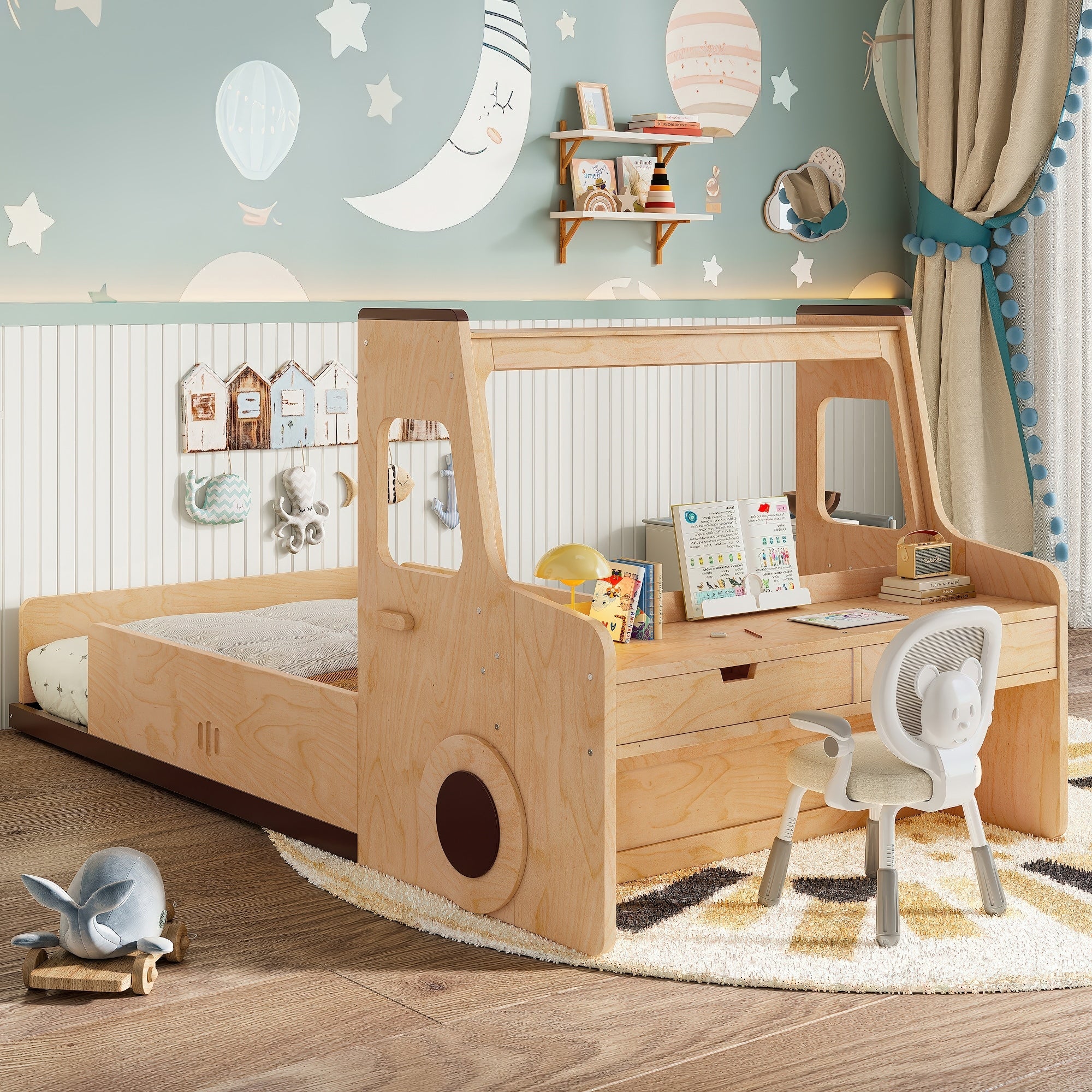 Roomfitters Car Shaped Floor Bed With Storage Drawers And Desk Solid Wood Frame With Window