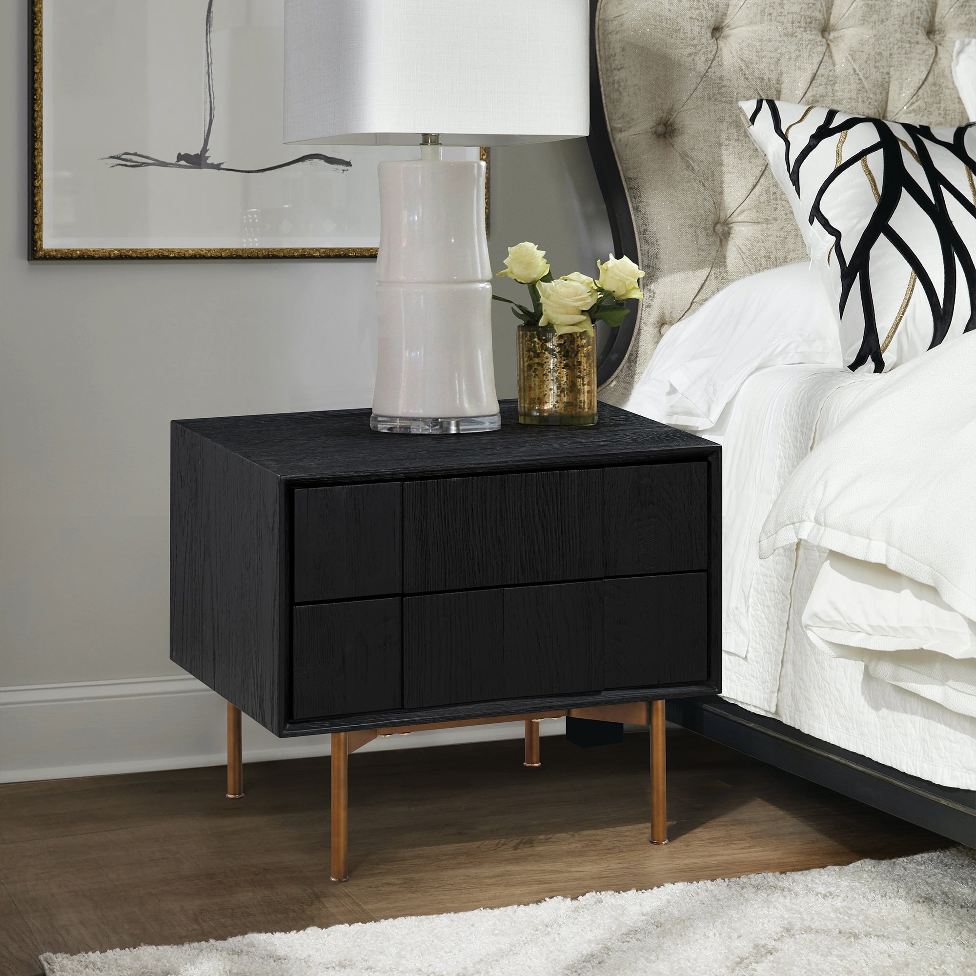Roomfitters Carnaby Modern Black Brushed Oak Wood Nightstand Bedside Table With 2 Storage Units Bronze Tapered Metal Legs