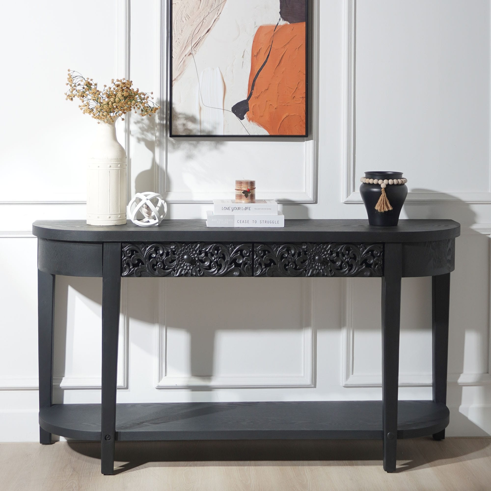Roomfitters Carved Console Table With Lower Shelf 59.2 Entryway Table With 2 Drawers Engineered Wood Black Finish