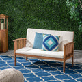 Roomfitters Casa Acacia Wood Outdoor Loveseat Rustic Patio Sofa Slat Panel Back Padded Garden Seating Waterproof