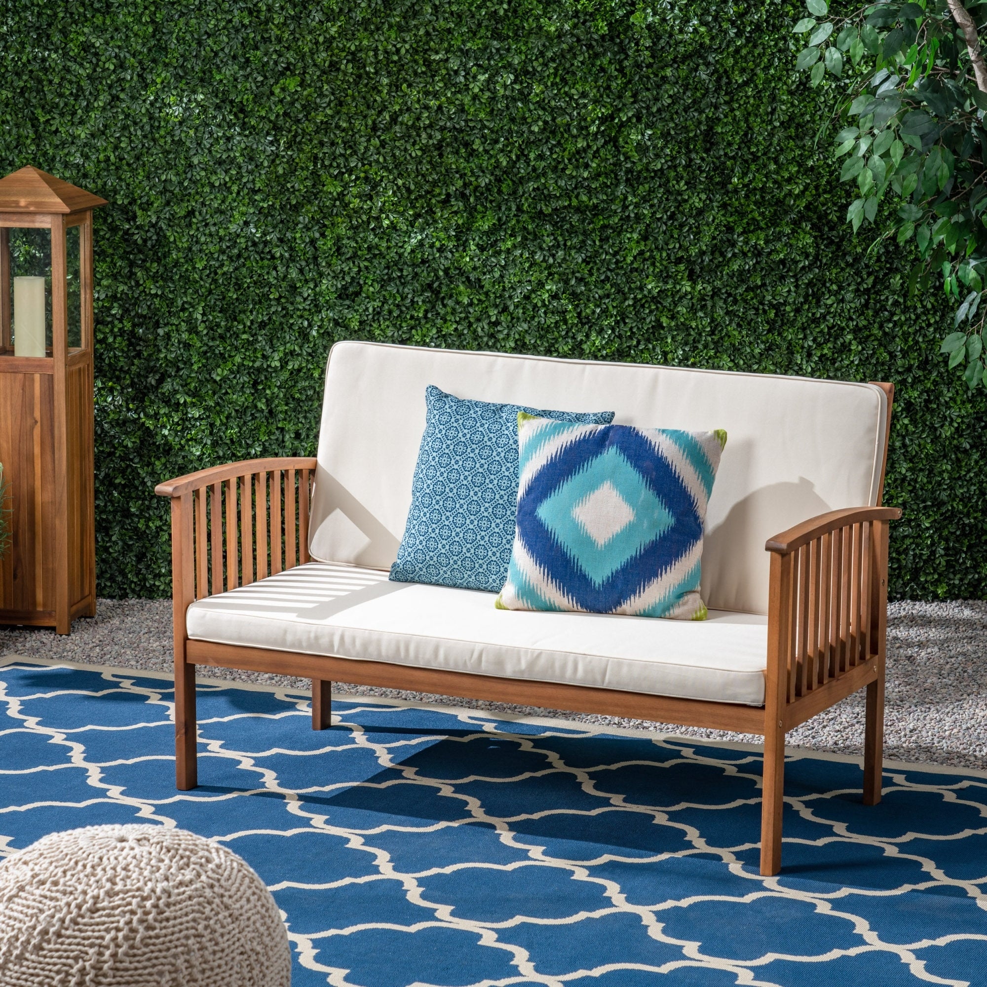 Roomfitters Casa Acacia Wood Outdoor Loveseat Rustic Patio Sofa Slat Panel Back Padded Garden Seating Waterproof