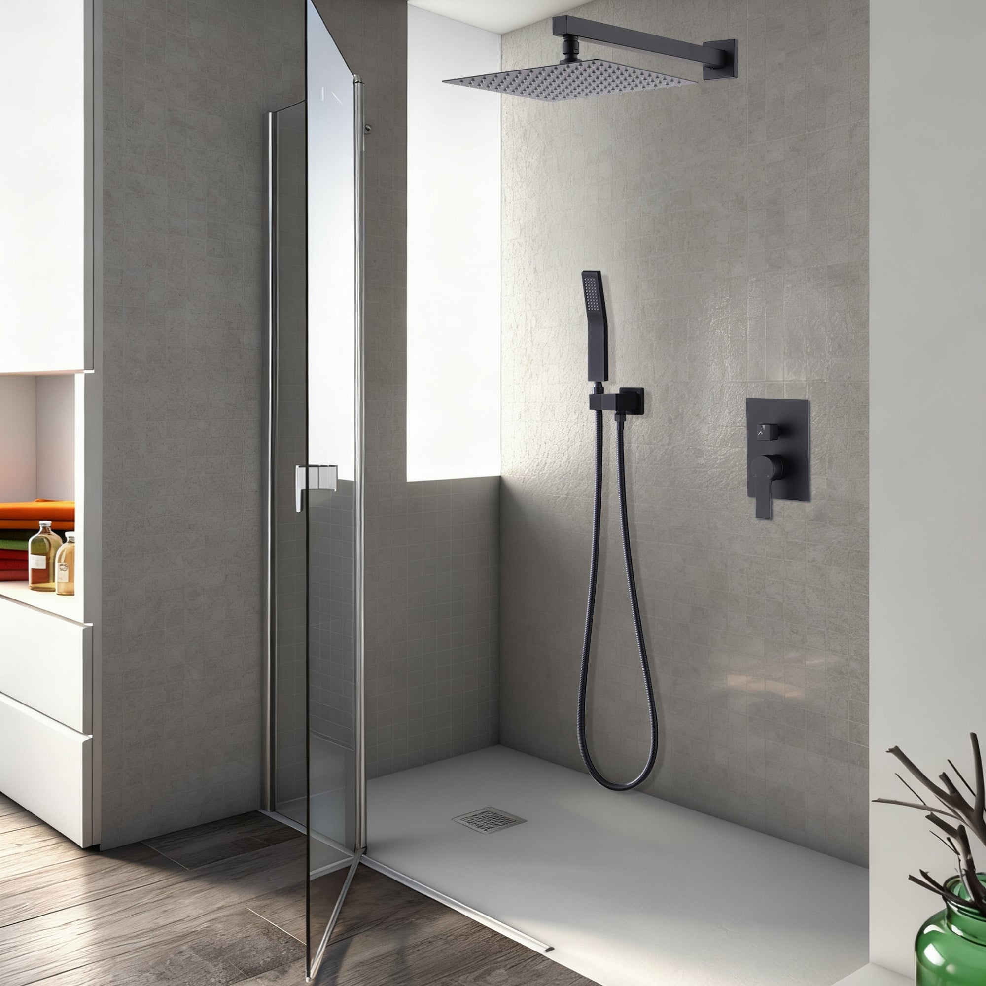 Roomfitters Ceiling Mount Rain Shower Faucet Set With Handheld Spray Luxury Shower System With Pressure Balance Valve Black
