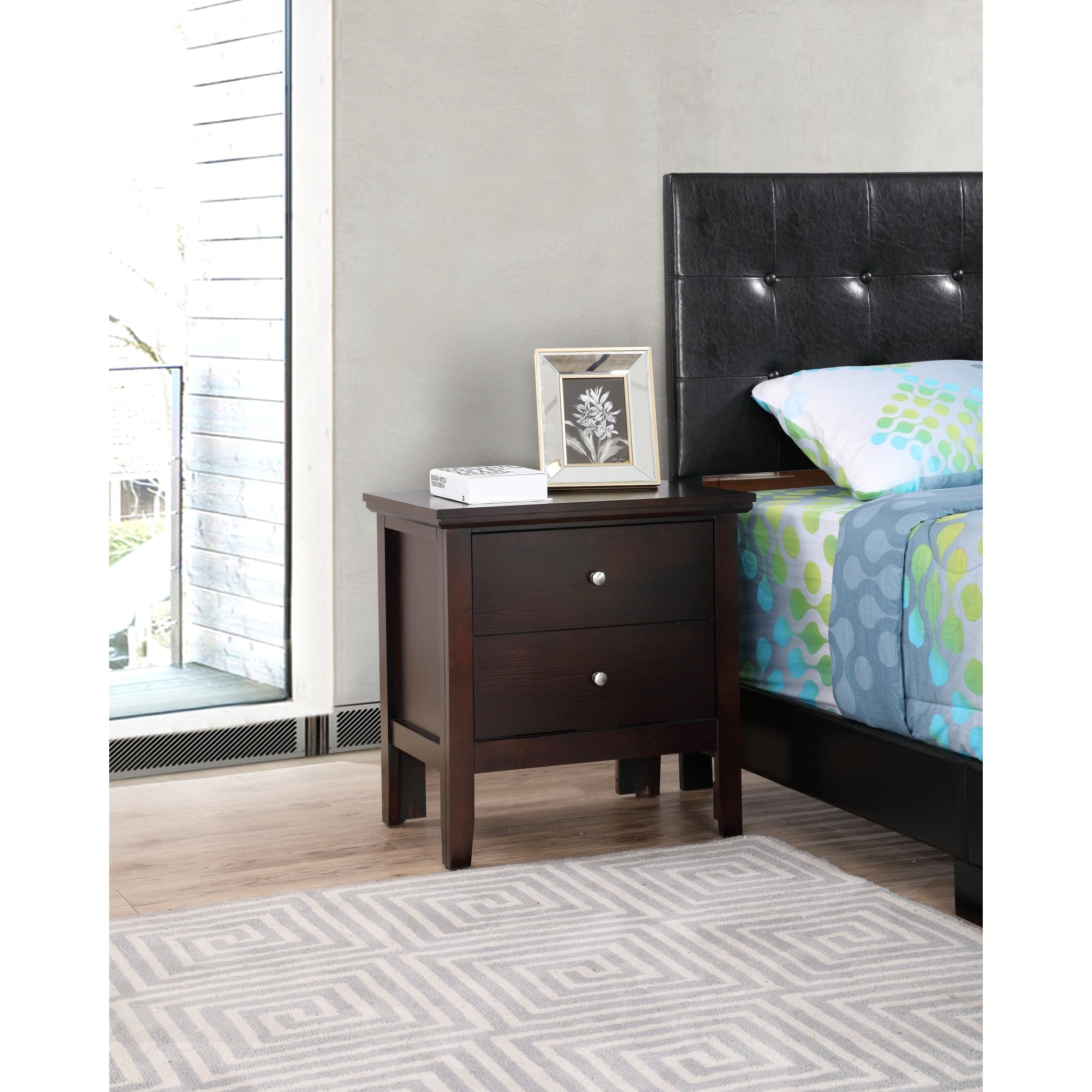 Roomfitters Chic Espresso Nightstand With Silver Knobs Luxury 2 Drawer Bedside Table Modern Wood Grain Bedroom End Table