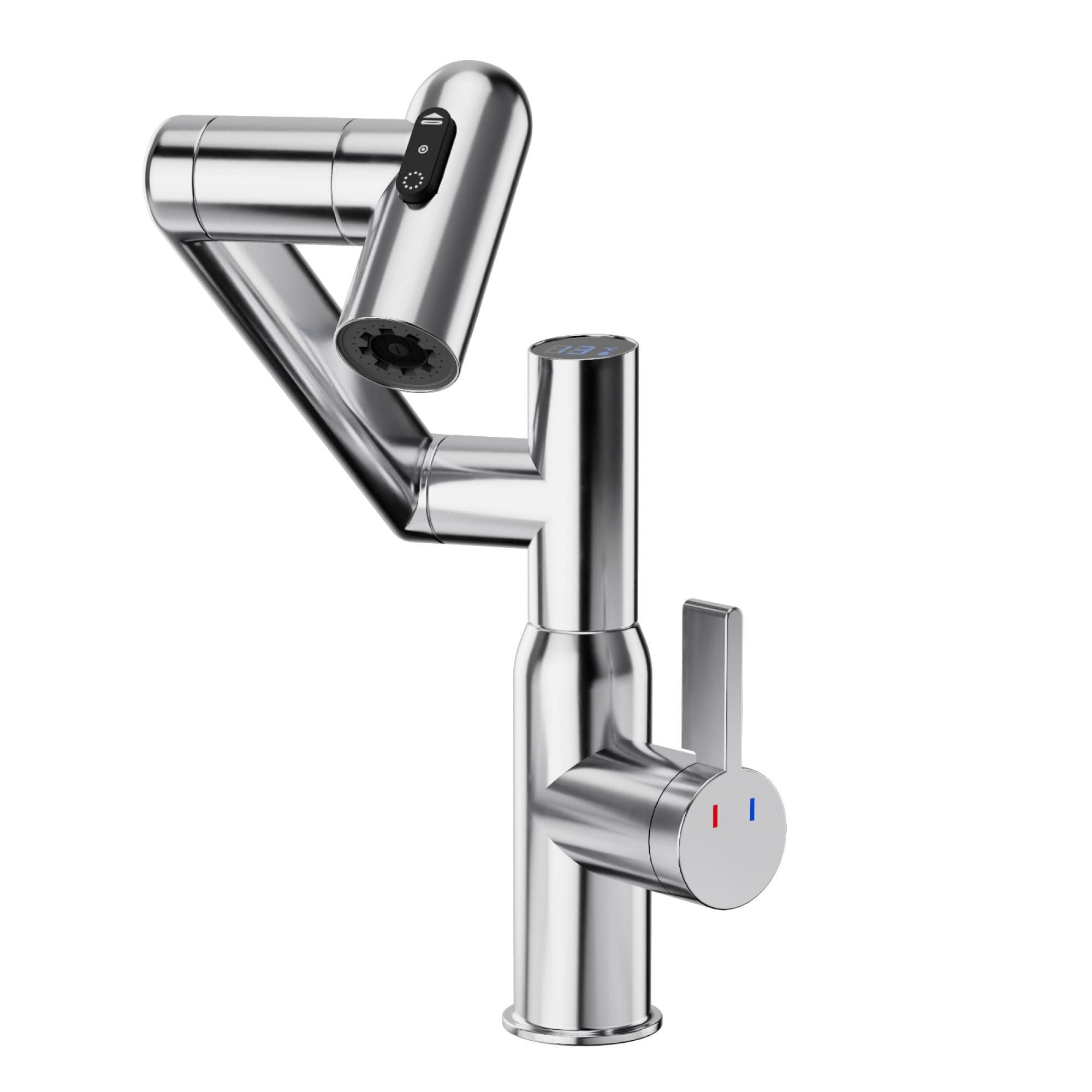 Roomfitters Chrome Bathroom Sink Faucet 1080 Degree Rotating Swivel Robotic Arm Vanity Faucet With Digital Temp Display 2 Mode