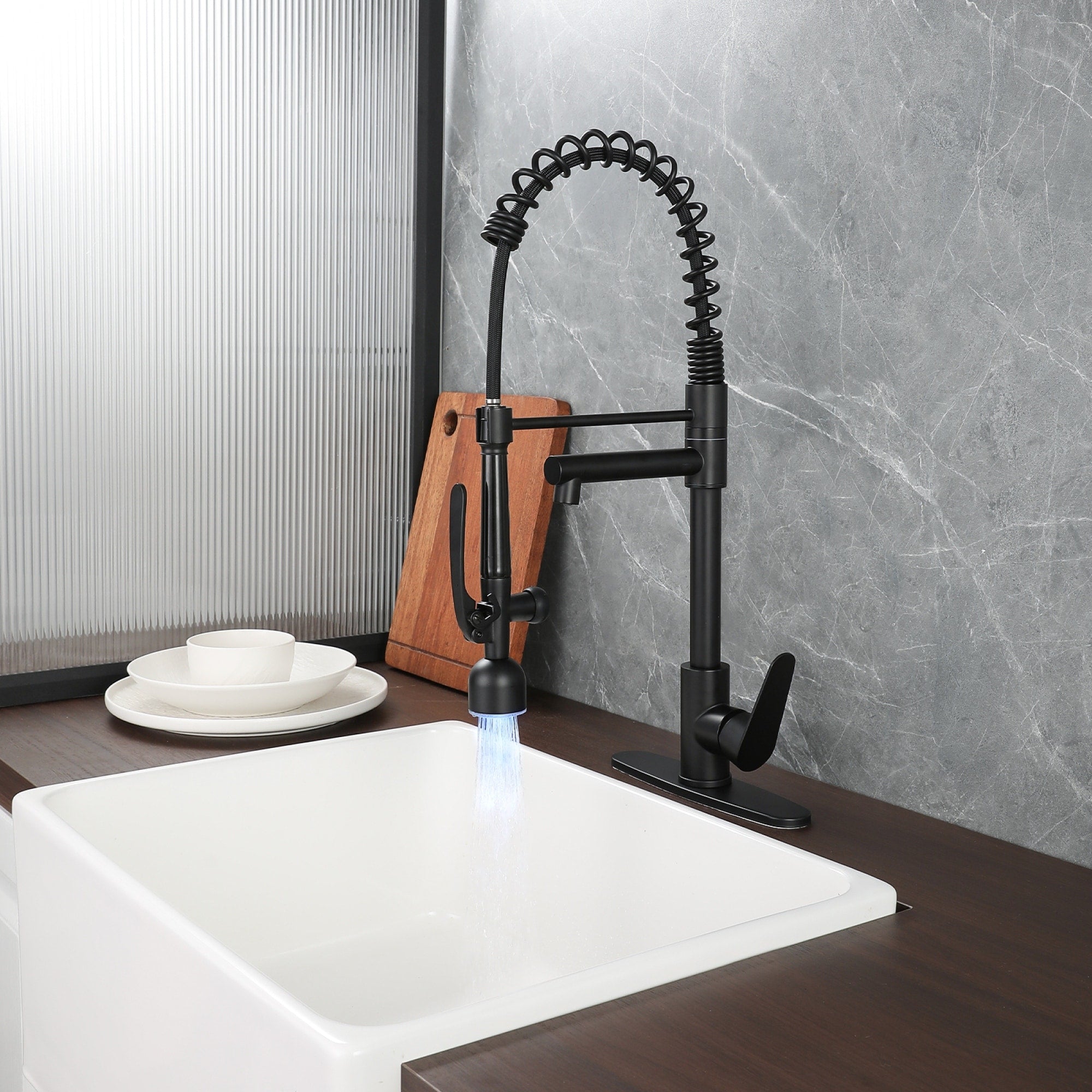Roomfitters Commercial Spring Kitchen Faucet With Led Light Temperature Sensor Pull Down Sprayer And Pot Filler Matte Black