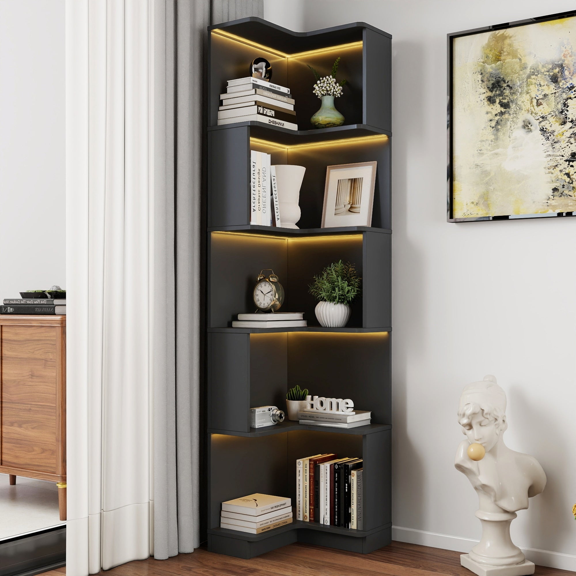 Roomfitters Corner Bookshelf With Led Lights 5 Tier Modern Wooden Bookcase Geometric Zig Zag Display Storage Tower Black