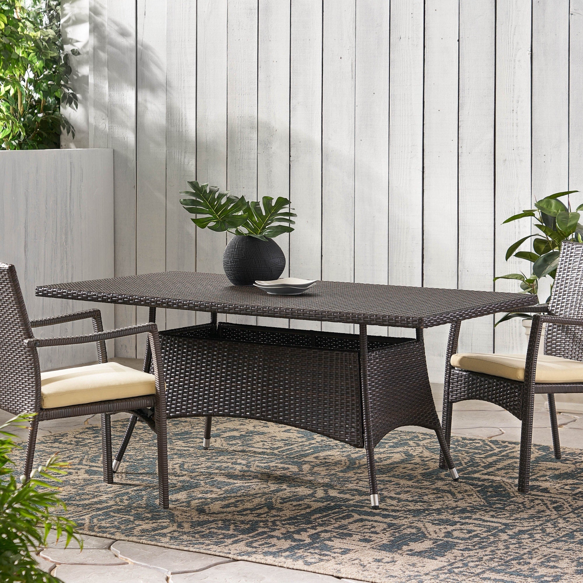 Roomfitters Corsica Brown Multi Pe Wicker Outdoor Dining Table Rectangular Patio Table Powder Coated Iron Frame