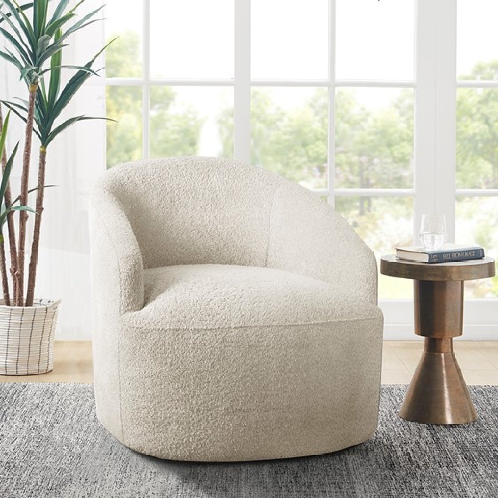 Roomfitters Cream Boucle Barrel Swivel Accent Chair With 360 Degree Hidden Metal Base Modern Minimalist Design