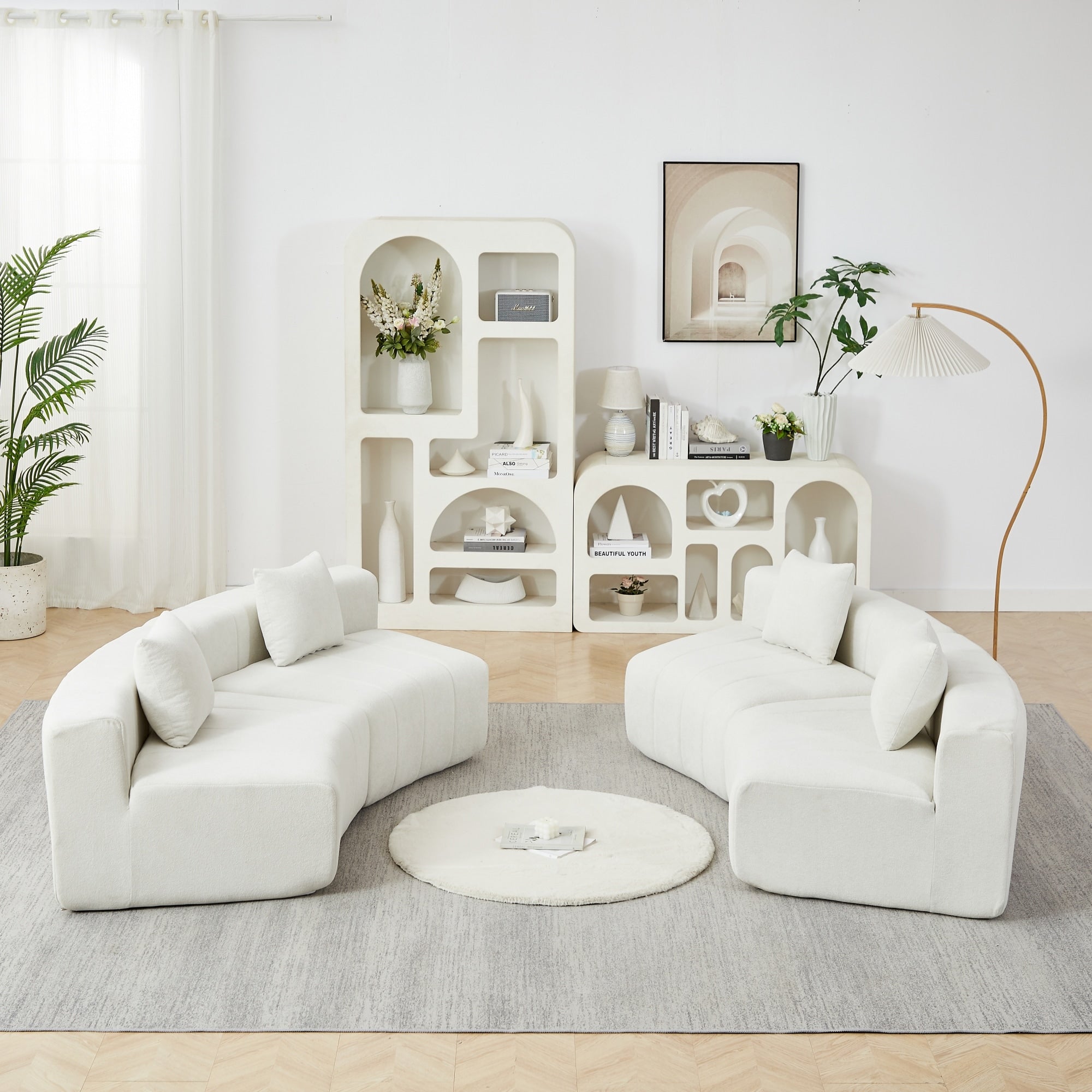 Roomfitters Curved Modular Sectional Sofa Upholstered Low Profile 4 Piece Couch With Vertical Channeling And Pillows