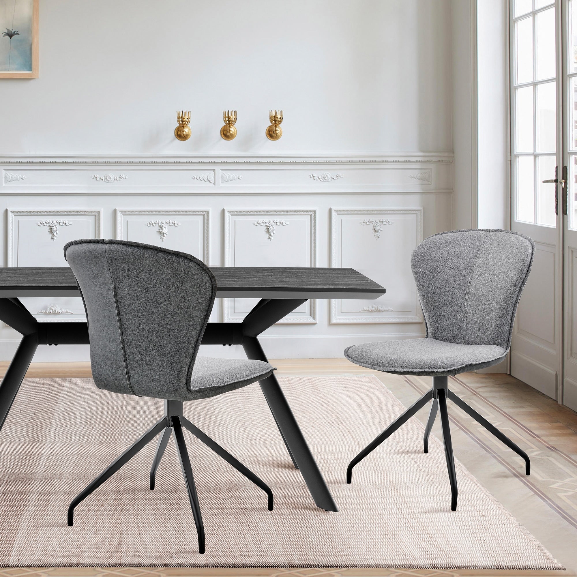 Roomfitters Cyrine Mid Century Gray Fabric Faux Leather Dining Chairs Set Of 2 Curved Ergonomic Back Black Spider Legs