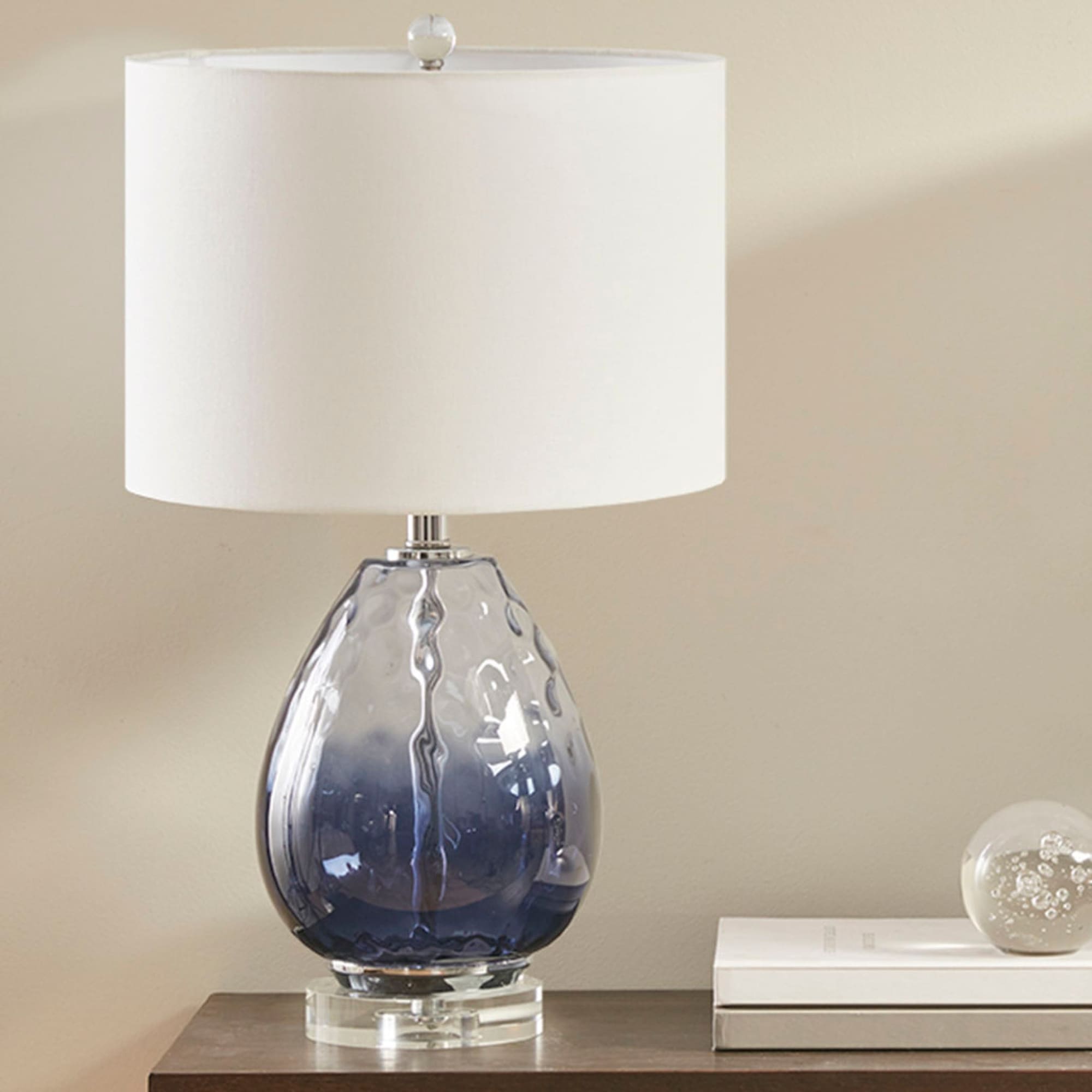 Roomfitters Dark Blue Ombre Glass Table Lamp With White Cotton Drum Shade Crystal Base Plated Silver Accent