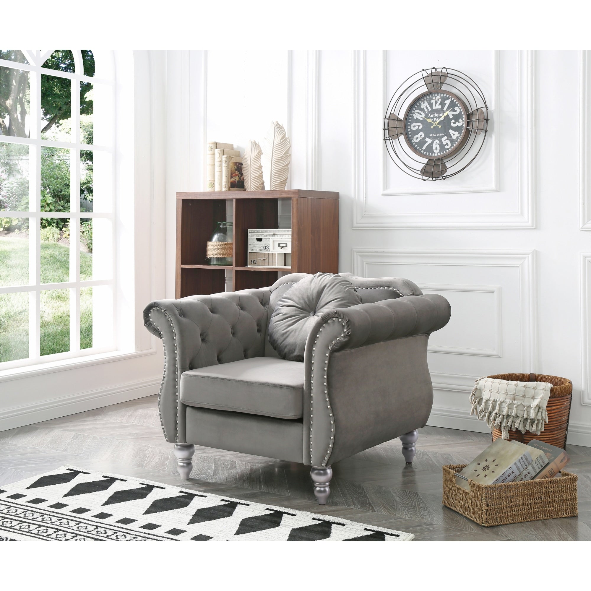 Roomfitters Dark Grey Velvet Chesterfield Armchair Jeweled Tufted Accent Seat Padded Club Chair Silver Bun Feet