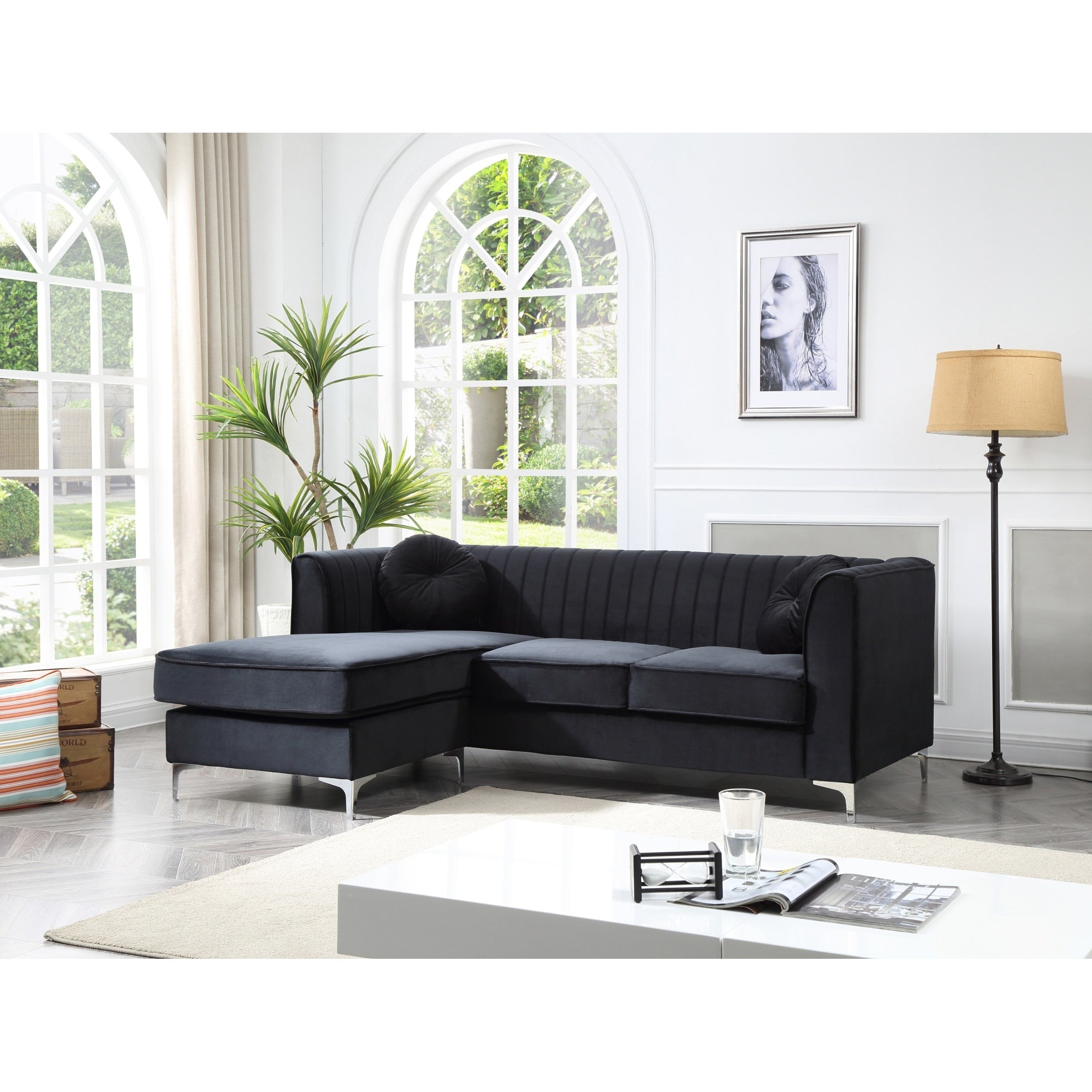 Roomfitters Delray Black Velvet Sectional Reversible Chaise Channel Tufted L Shaped Sofa Chrome Legs