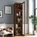 Roomfitters Display Cabinet With 5 Shelves Led Lights Modern Wooden Glass Door Bookshelf Slim Curio Storage Tower Walnut
