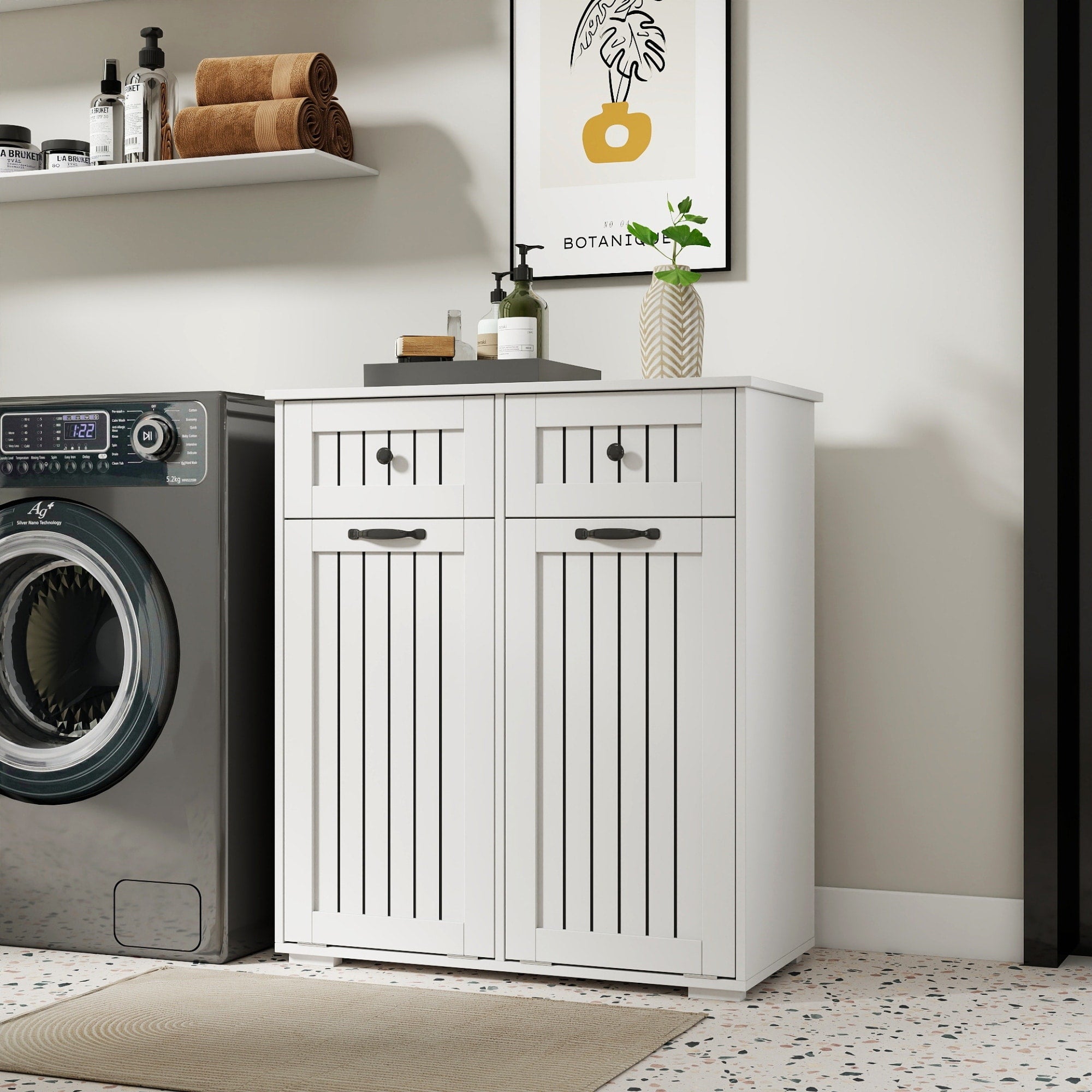 Roomfitters Double Tilt Out Laundry Hamper Cabinet With 2 Drawers Modern White Wooden Bathroom Storage Organizer White