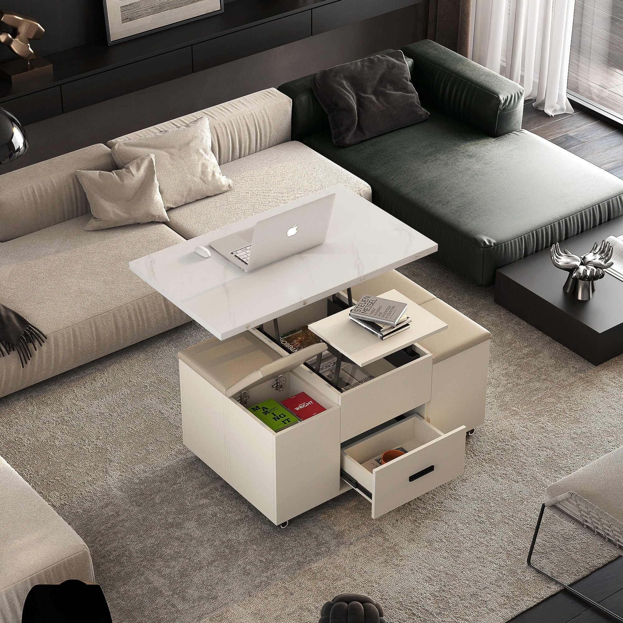 Roomfitters Dual Lift Top Coffee Table With 4 Storage Ottomans Space Saving Convertible Dining Desk Drawer